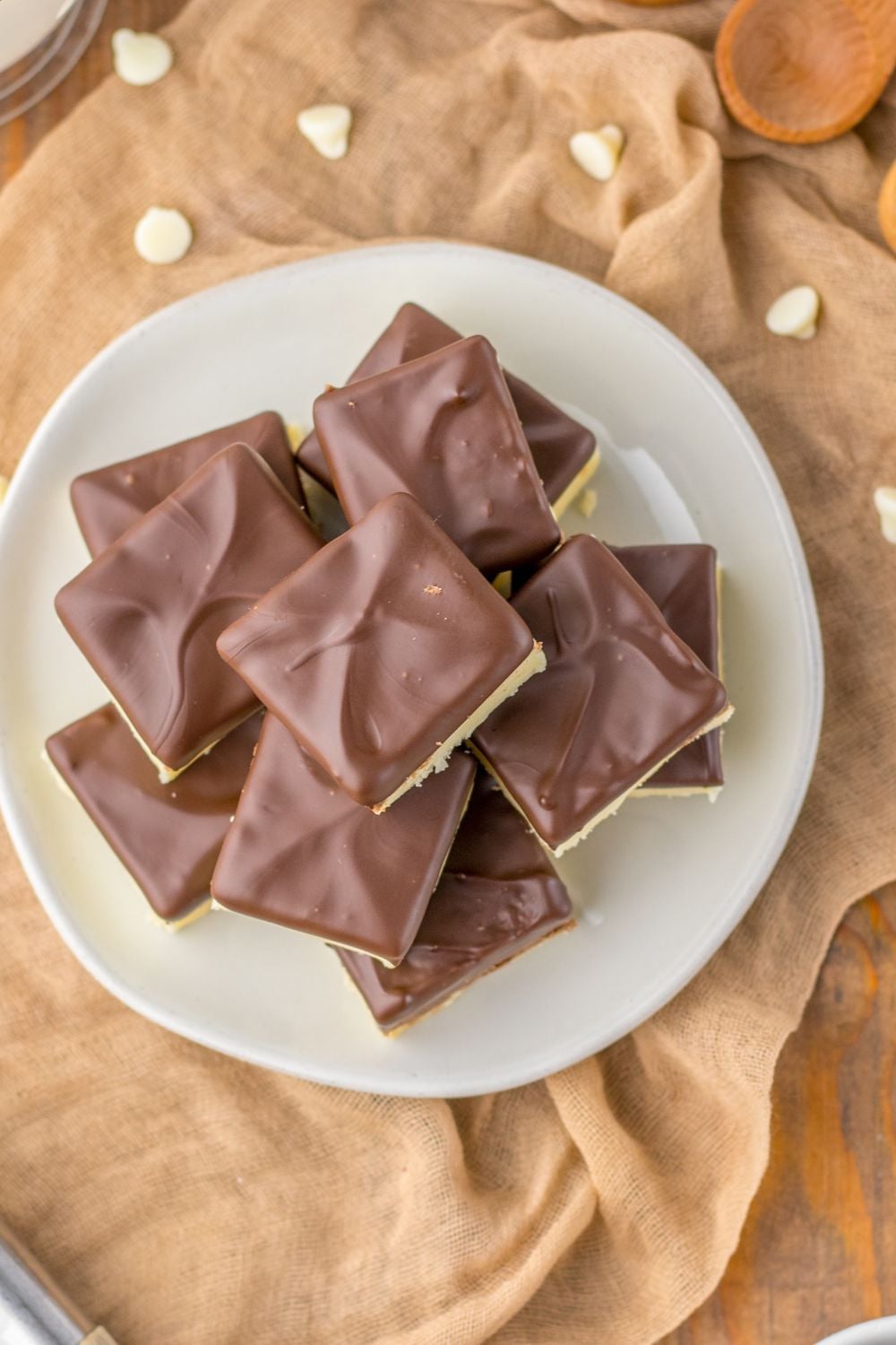 Boston Cream Pie Fudge stacked on a plate