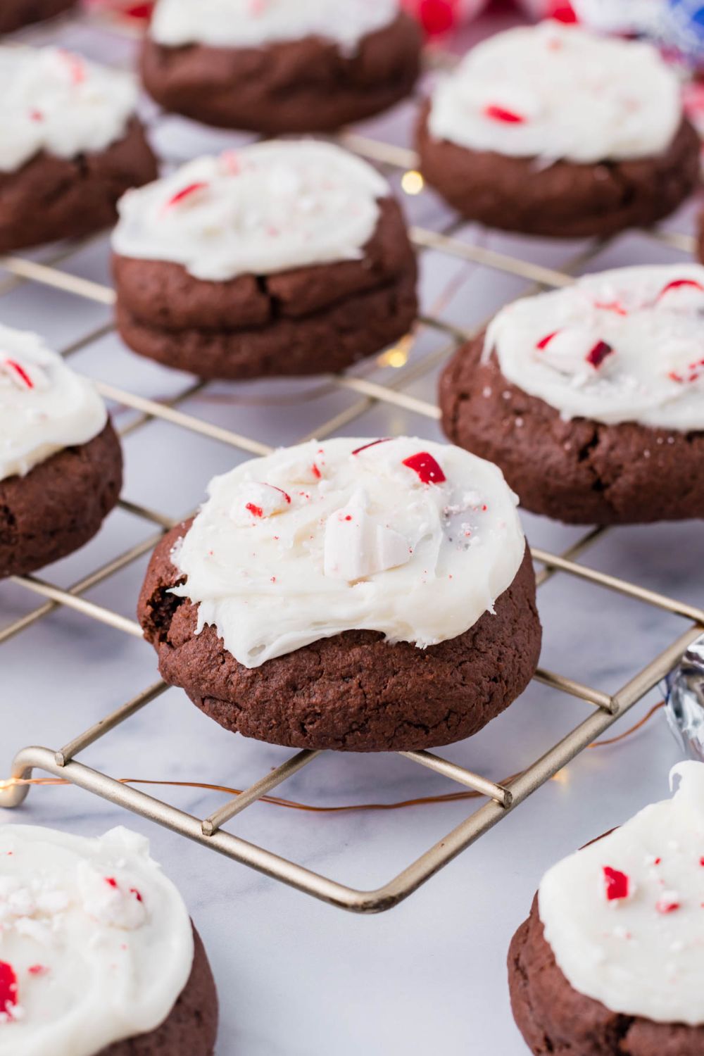 Stuffed Peppermint Patty Cookies on a cooling rack