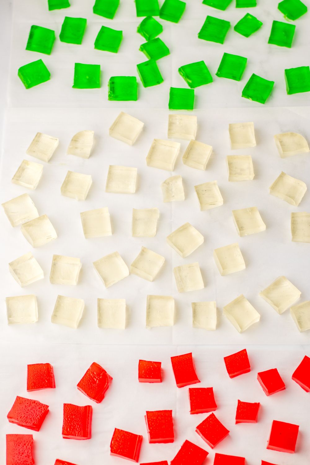 sliced gumdrops on table in squares 