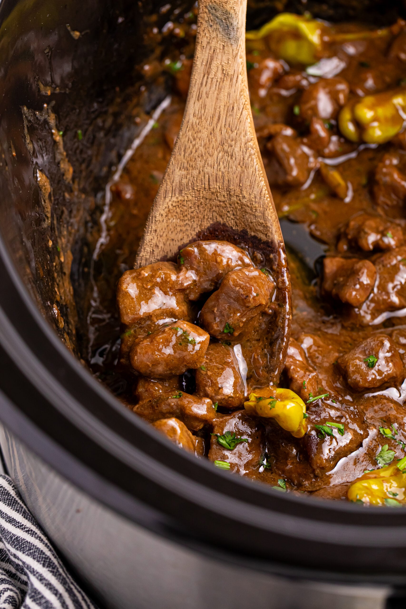 Crockpot Mississippi Steak Bites in a crock pot