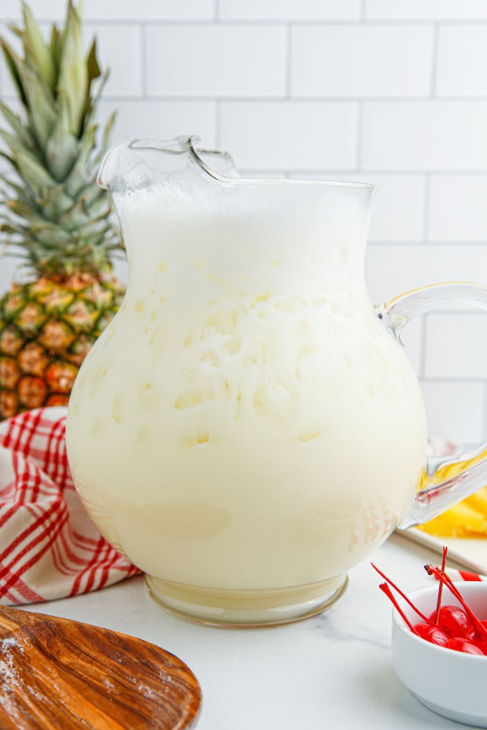 Pina Colada Punch in a punch pitcher 