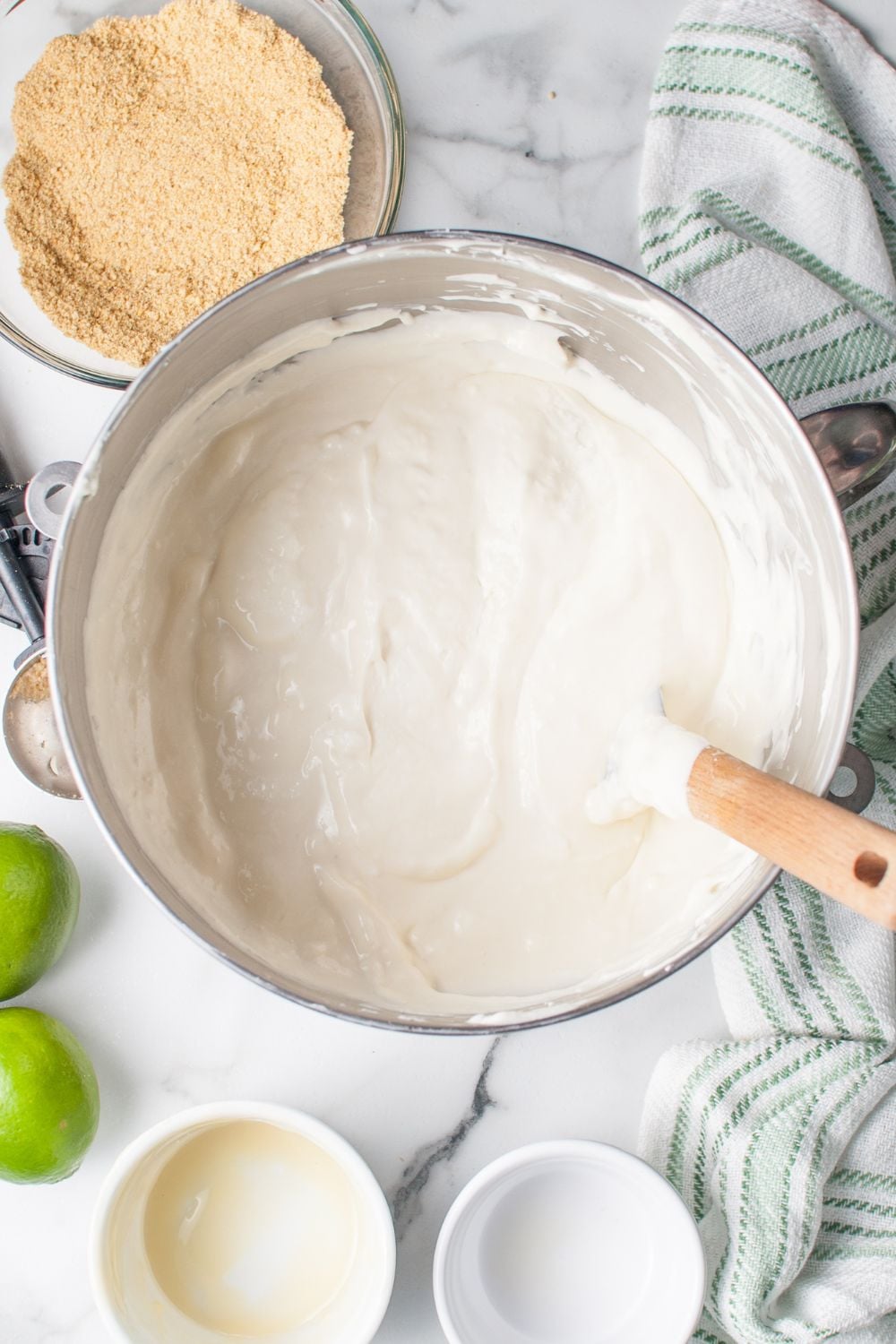 Crumbl Key Lime Pie Cookie filling in a mixing bowl all mixed