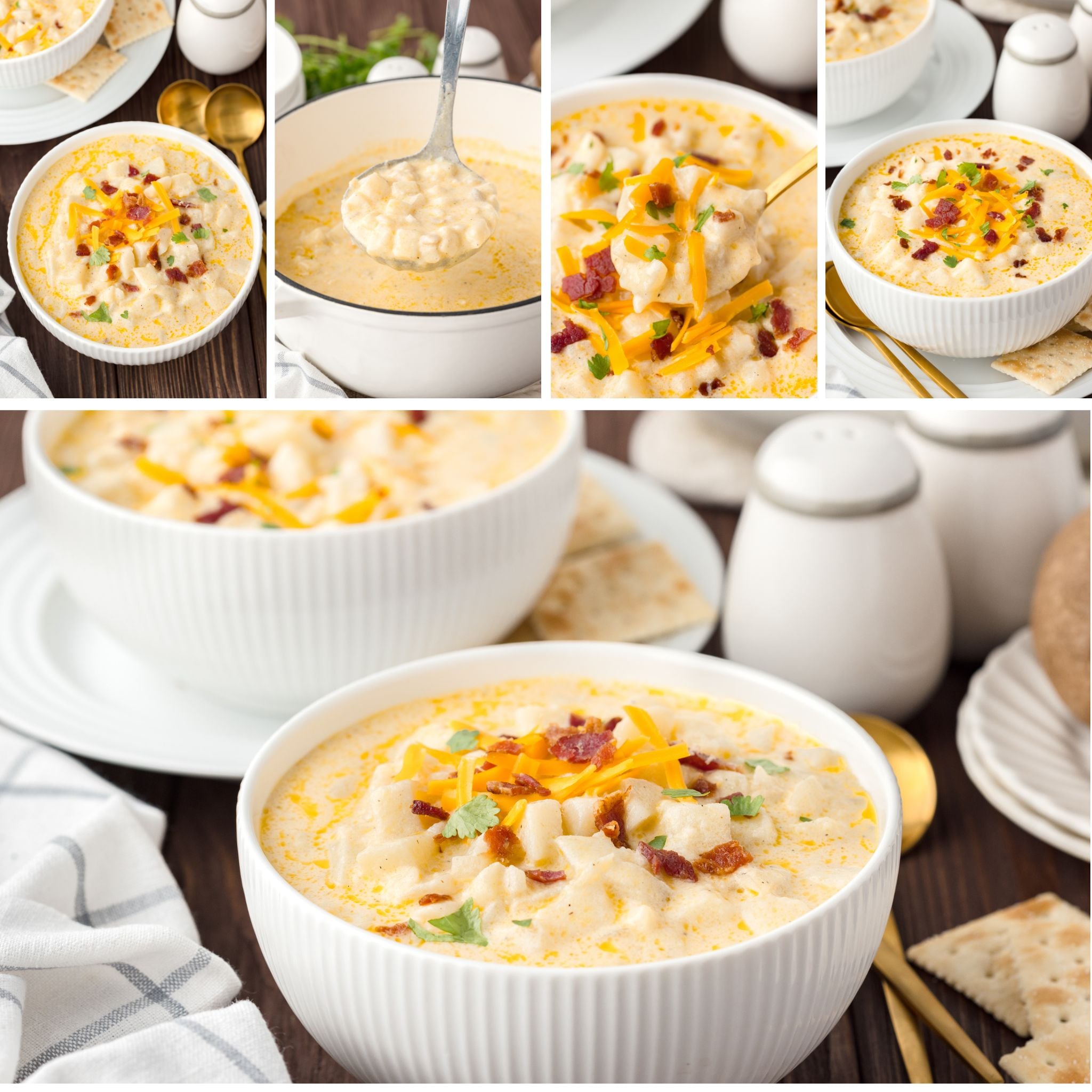 Hash Brown Potato Soup collage of images of potato soup in a bowl and pan