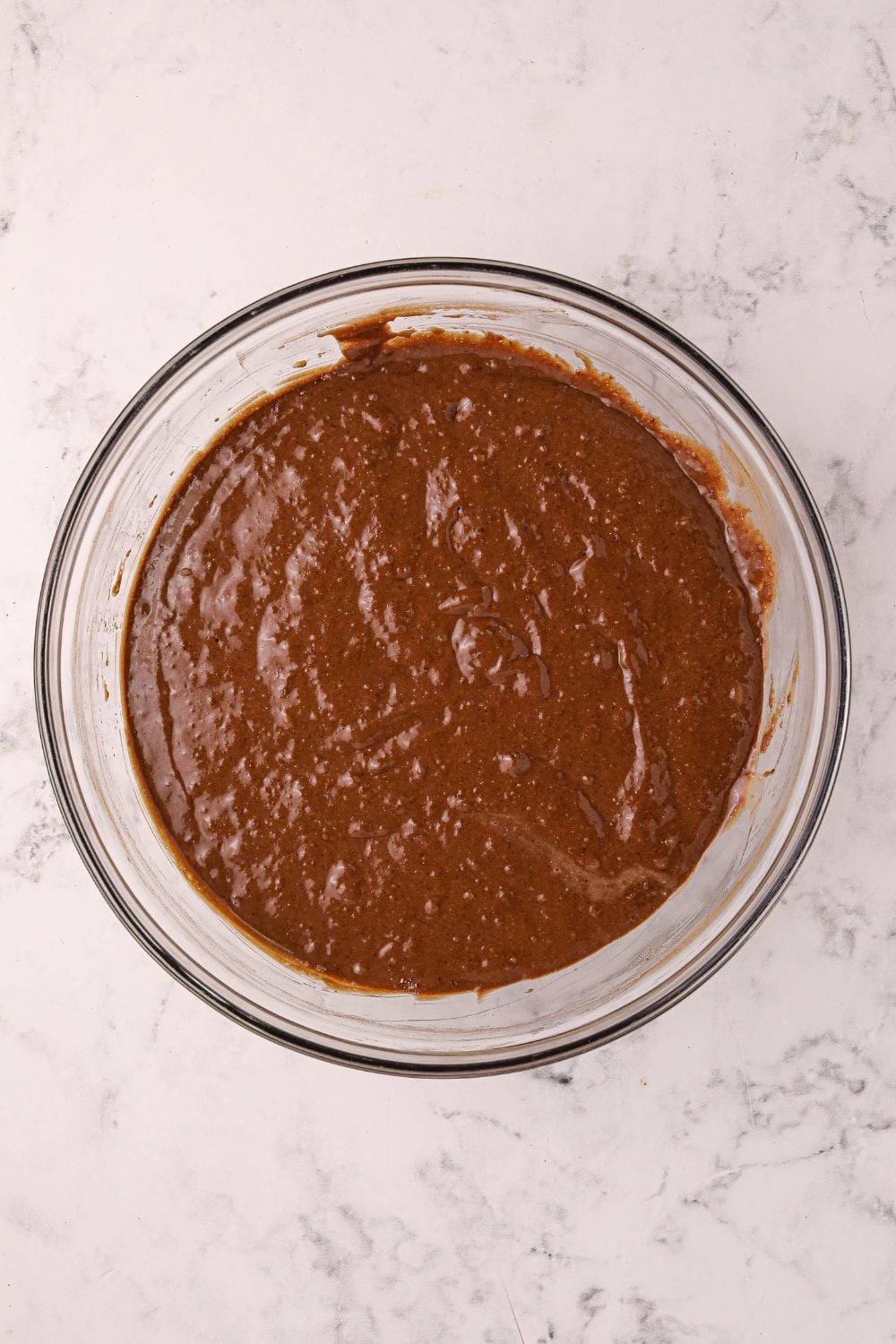 Hot Chocolate Pancake batter in a glass bowl