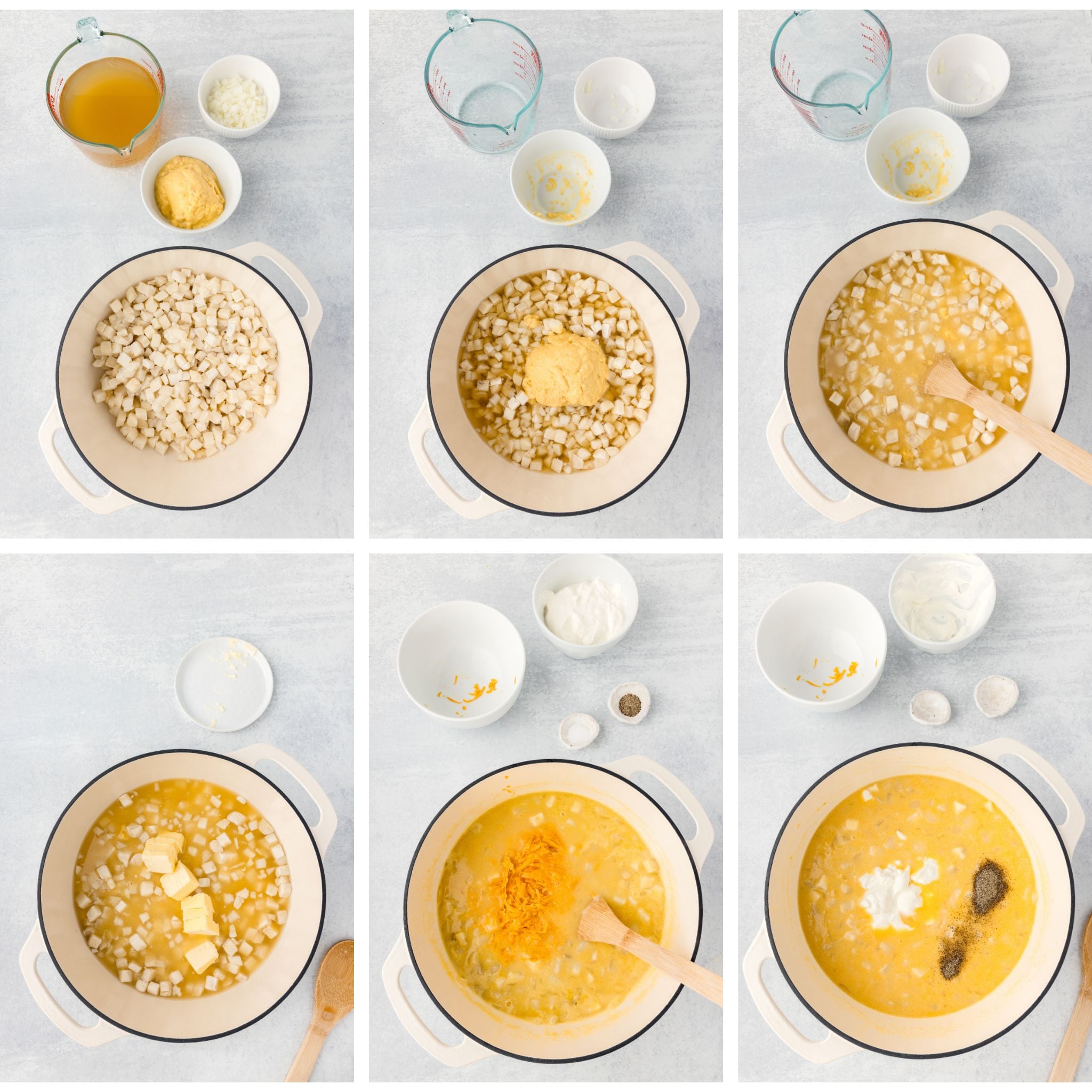 collage of images of how to make Hash Brown Potato Soup on the stovetop