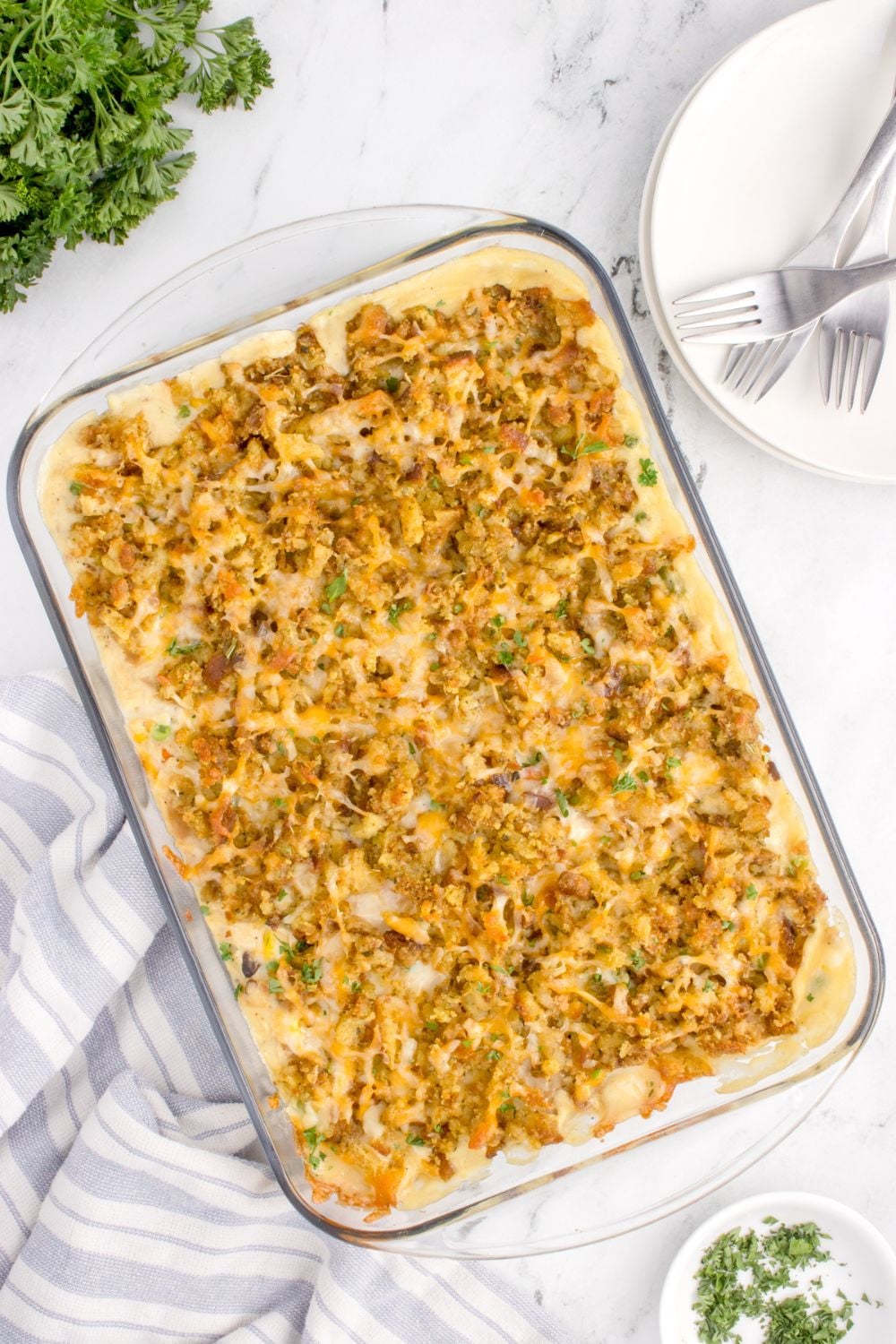 Chicken Stuffing Casserole in a pan on table with an overhead view of it in the casserole dish