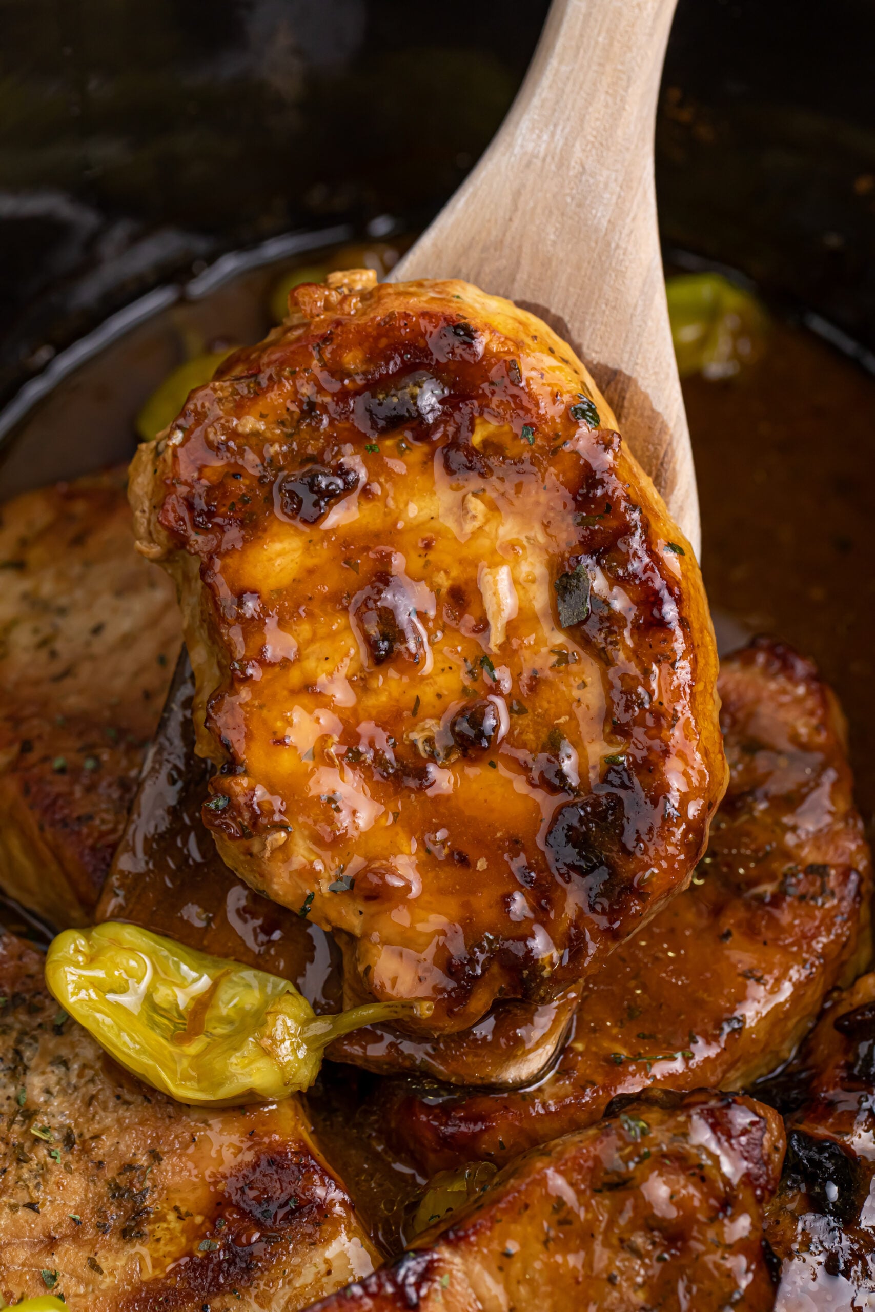 slow cooker Mississippi pork chops up close in the slow cooker