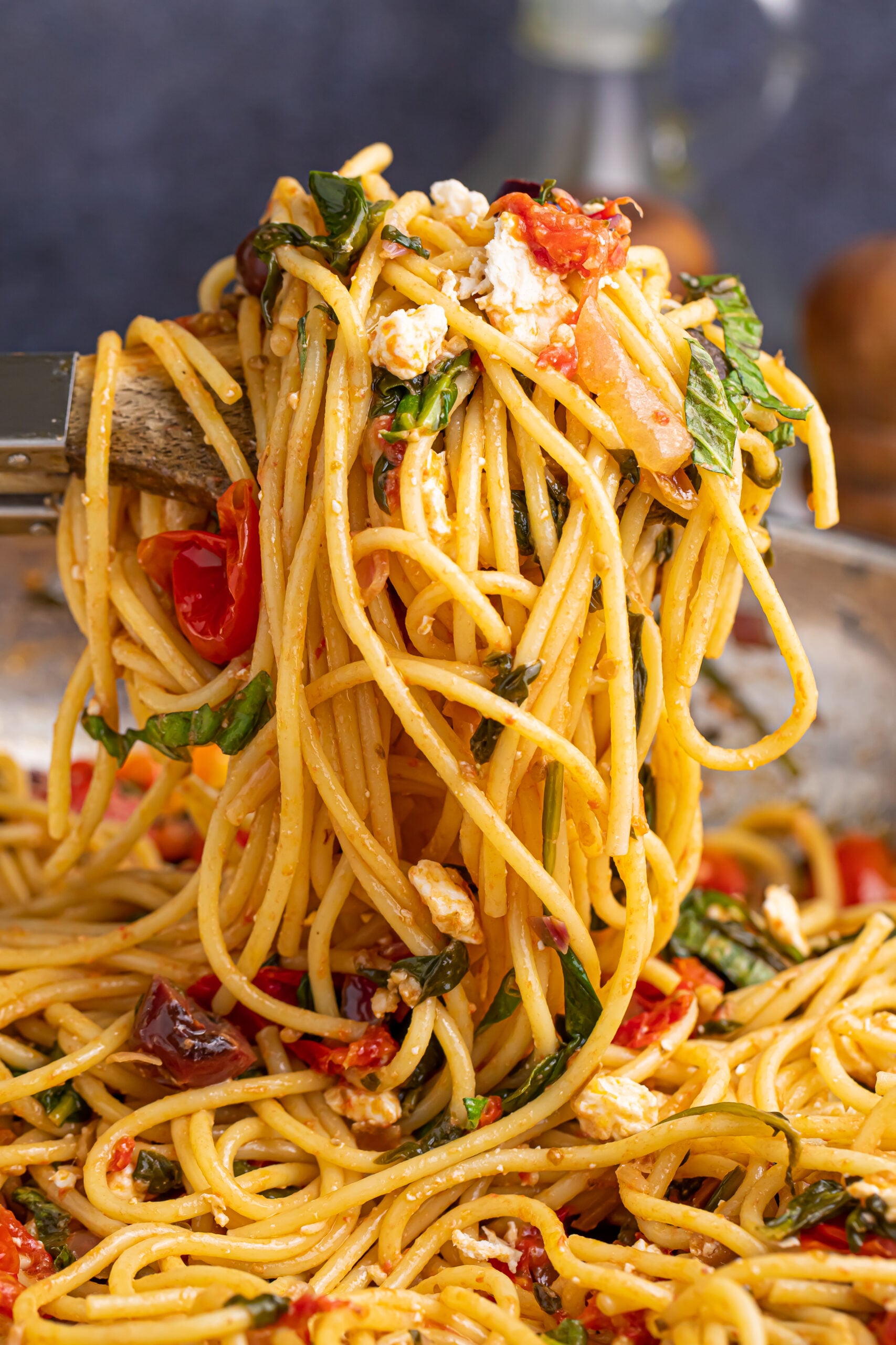 Greek Spaghetti being lifted up by a spoon