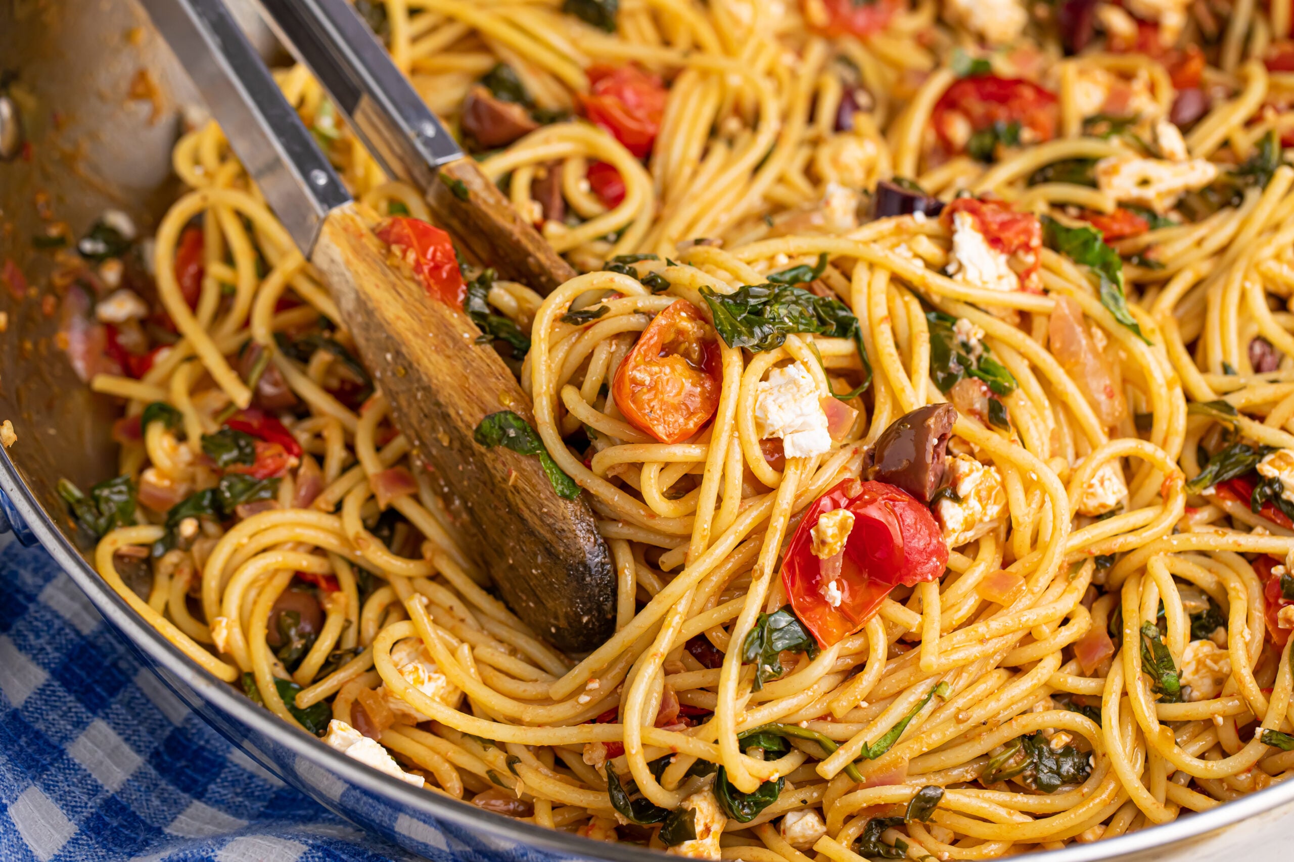 Greek Spaghetti in a stainless steel skillet 
