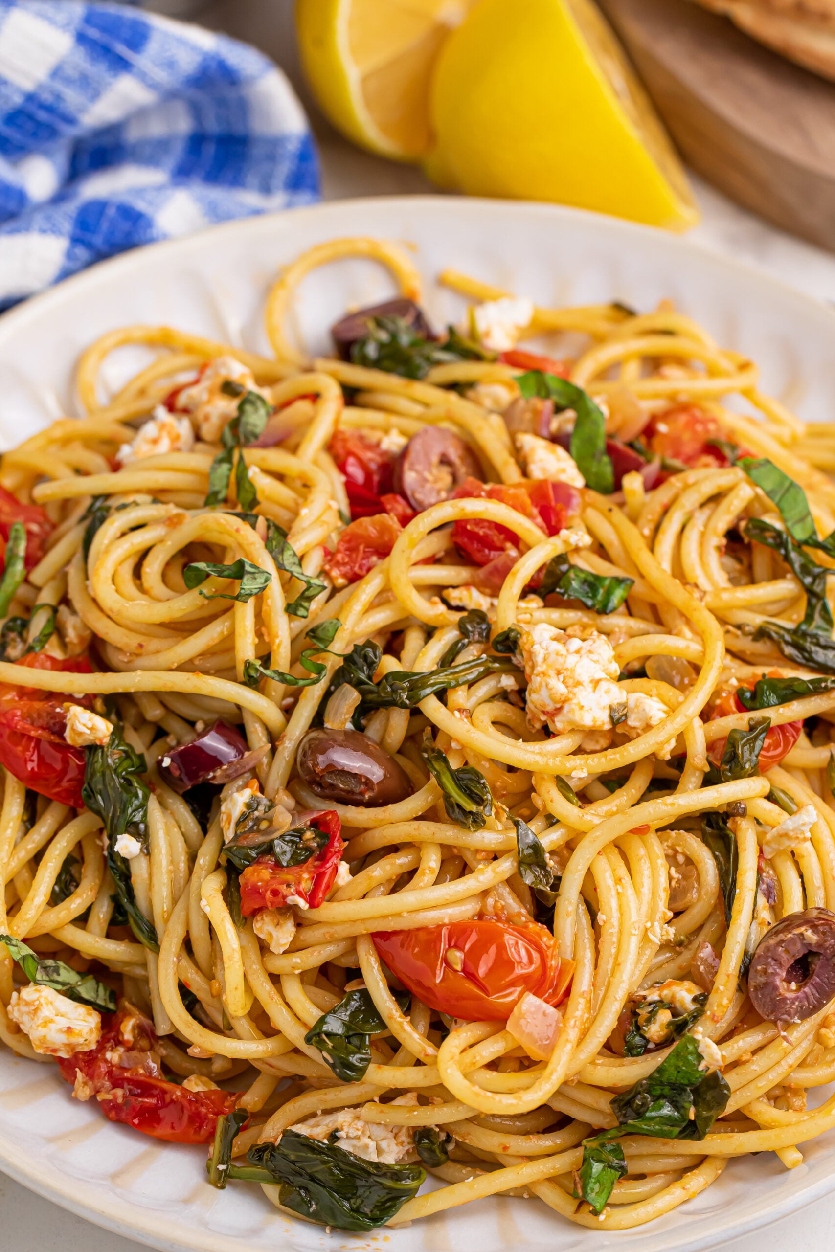 Close up shot of Greek Spaghetti on a white plate