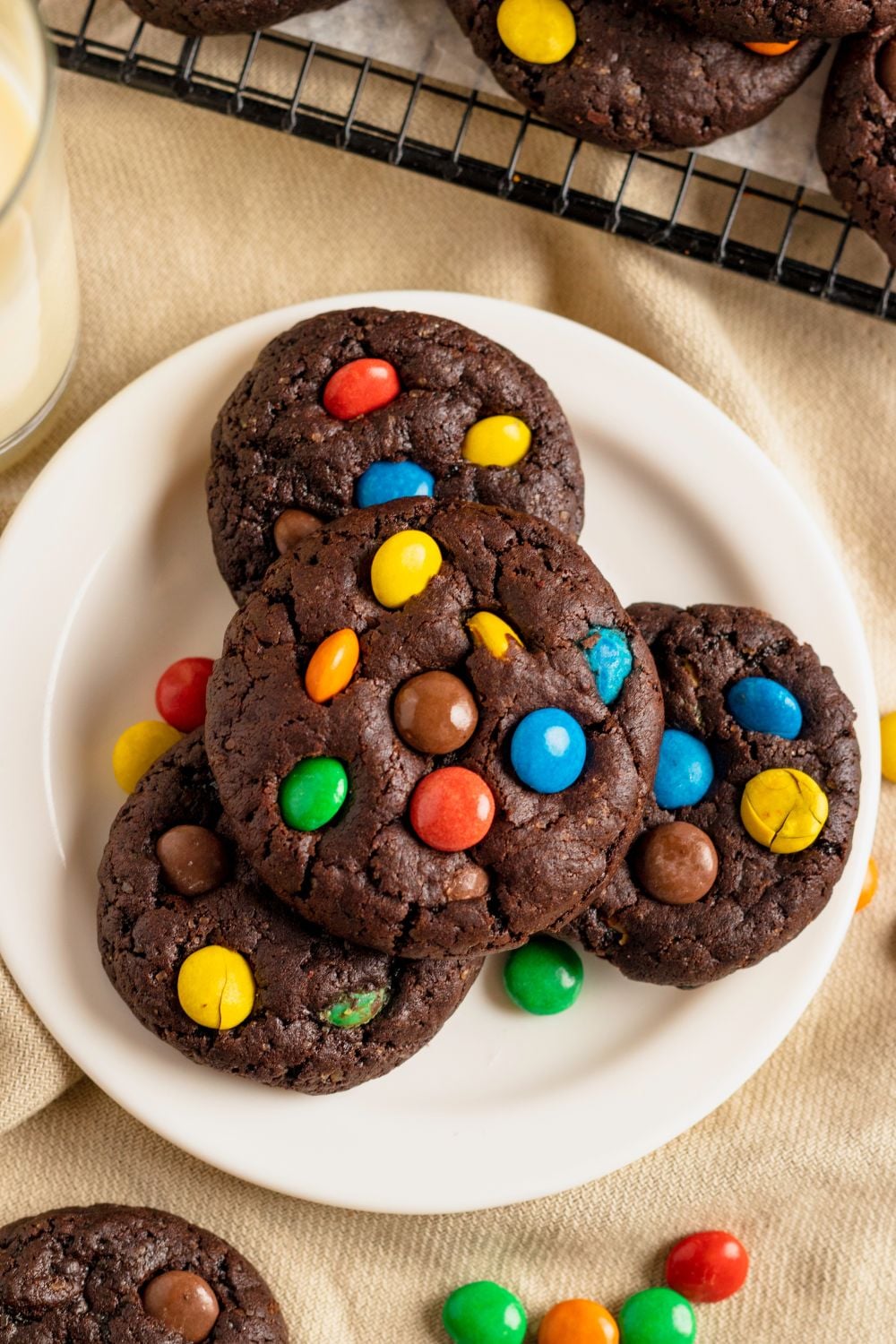 Chocolate M&M Cookies on a plate on table
