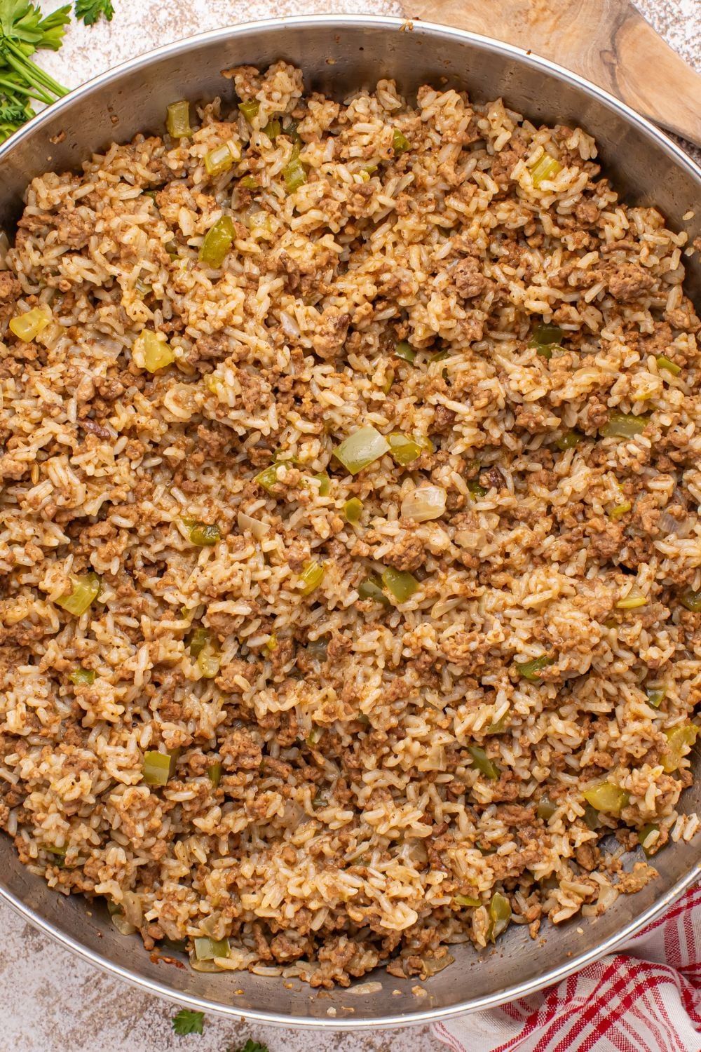 Dirty Rice in a pan on table
