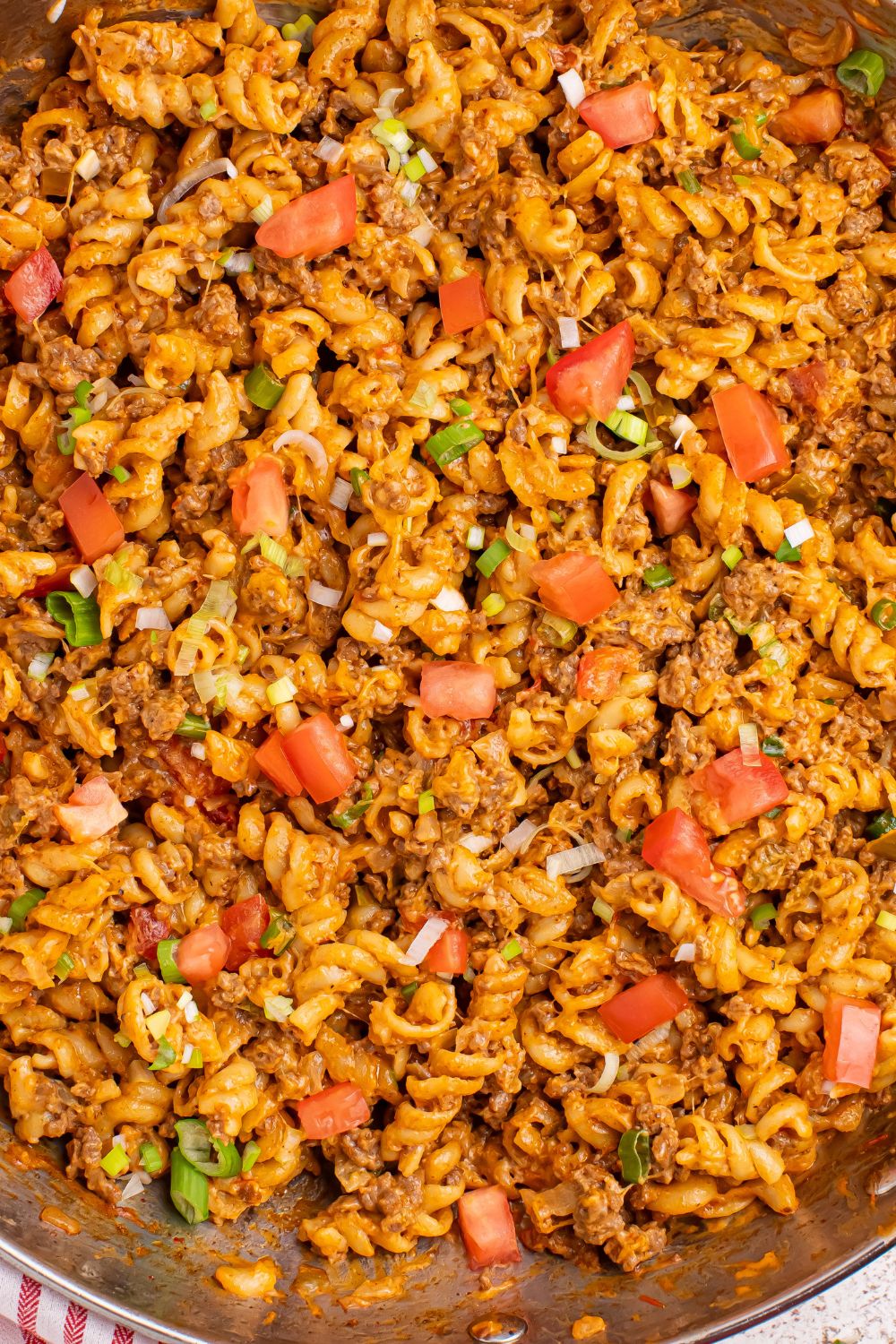 Taco Macaroni and Cheese close up in a pan