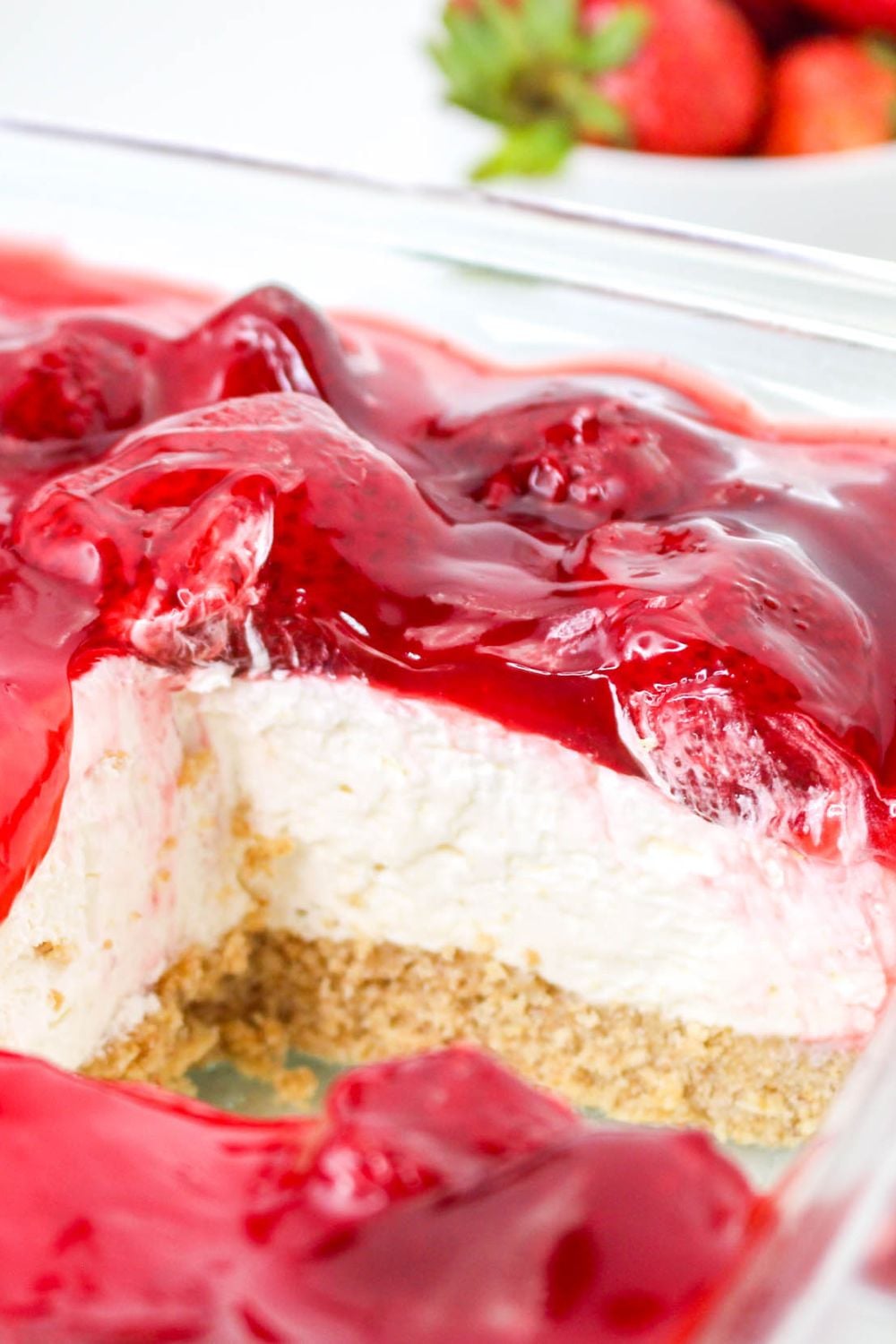 close up of No Bake Strawberry Delight in a pan