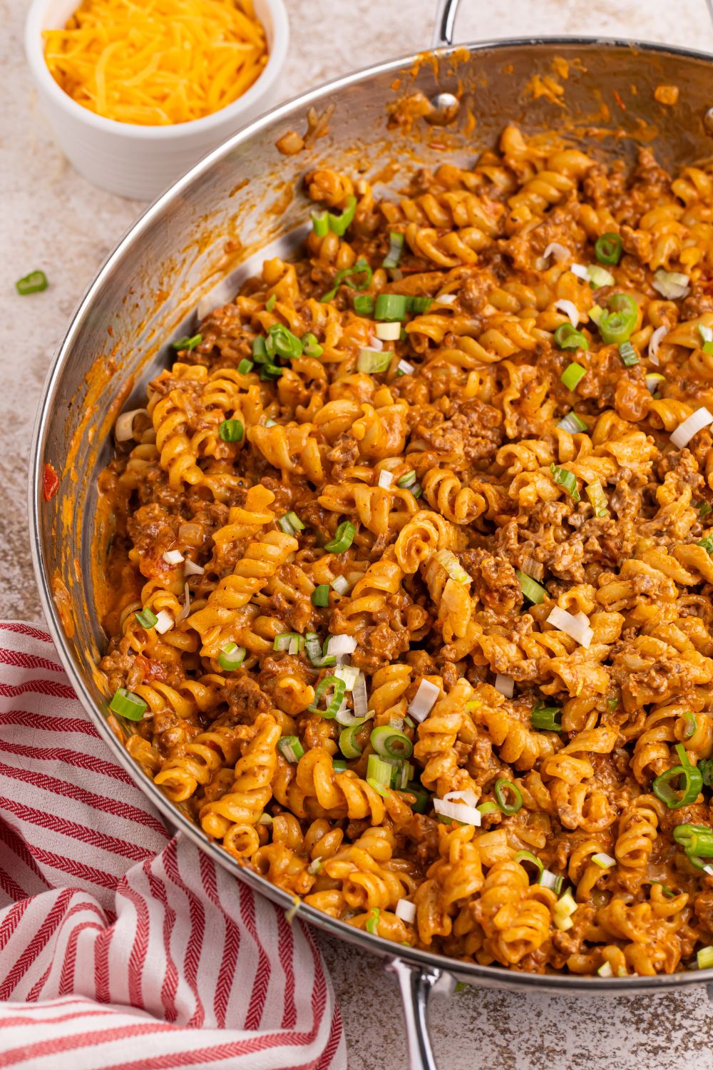Taco Macaroni and Cheese in a skillet on the table