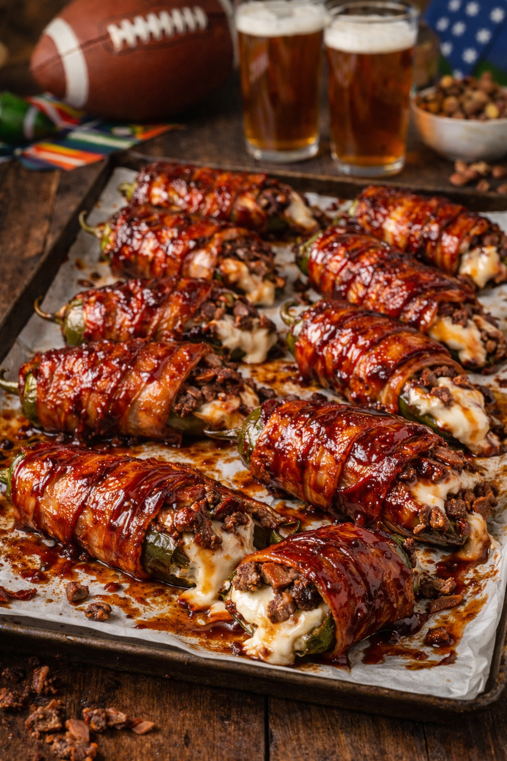 Texas Twinkies on a baking sheet with beer in the background