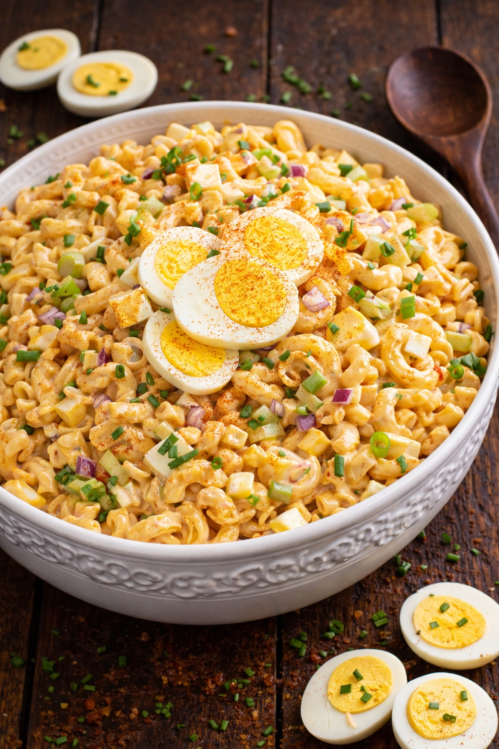 Deviled Egg Pasta Salad in a bowl with an overhead shot of the filled bowl