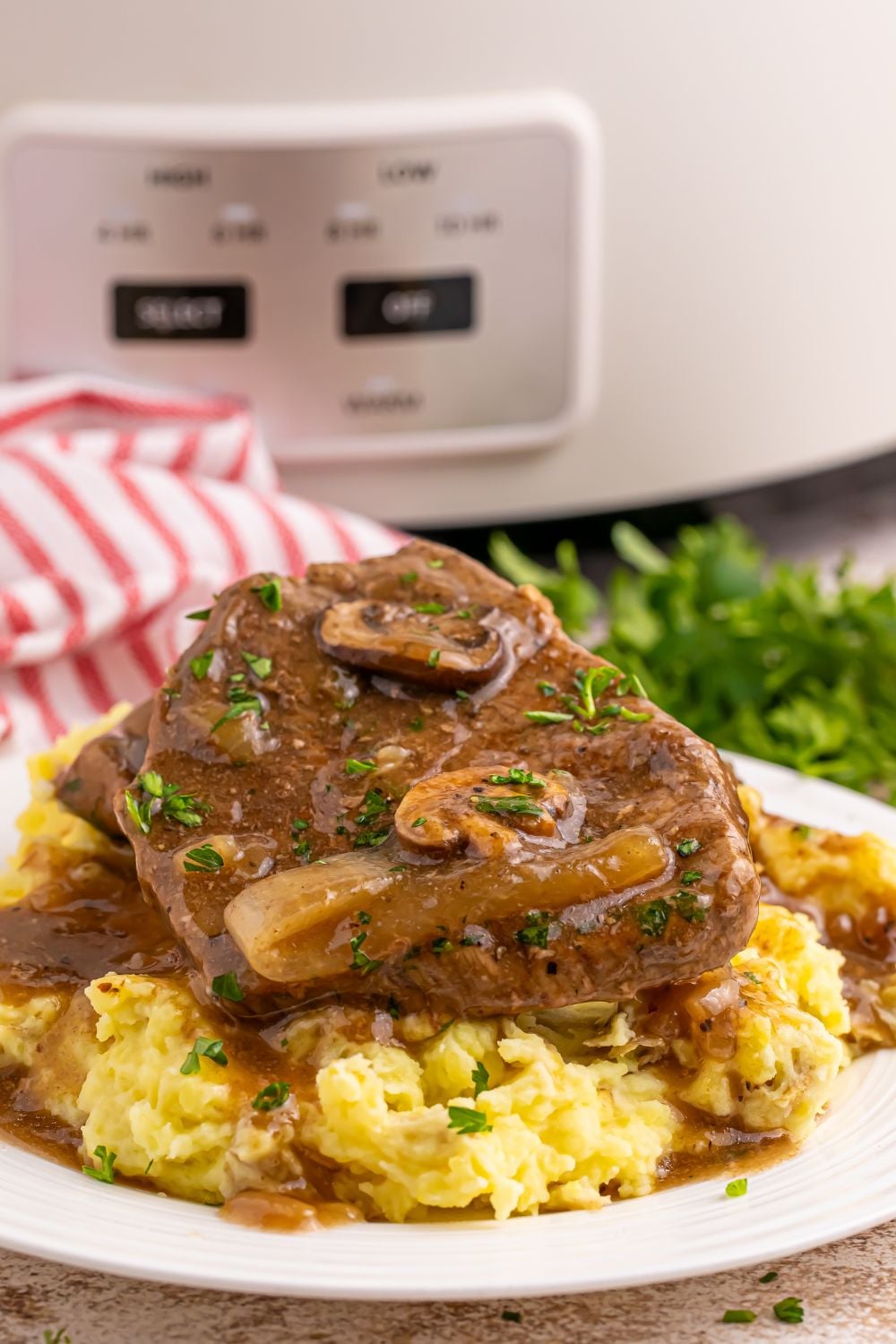 plate with a spread of mashed potatoes topped with steak, onions and mushroom gravy. There is a crock pot in the background