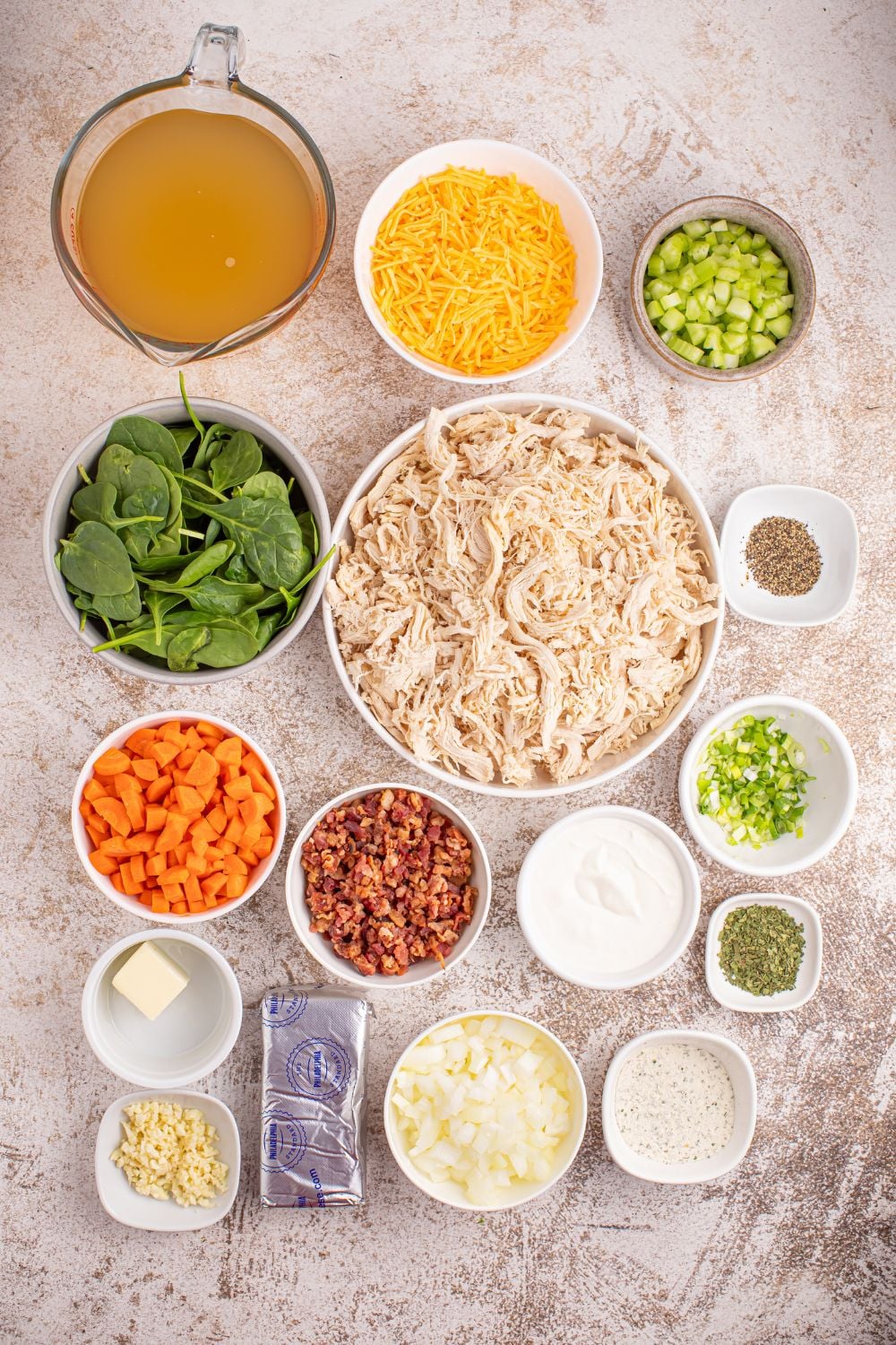 Crack Chicken Soup ingredients in individual bowls on table
