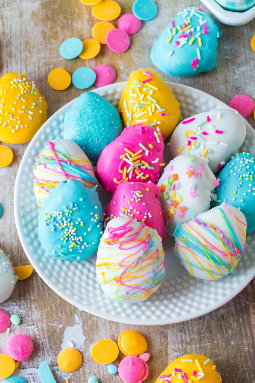 Easter Egg Oreo Truffles on plate with overhead look of them on plate