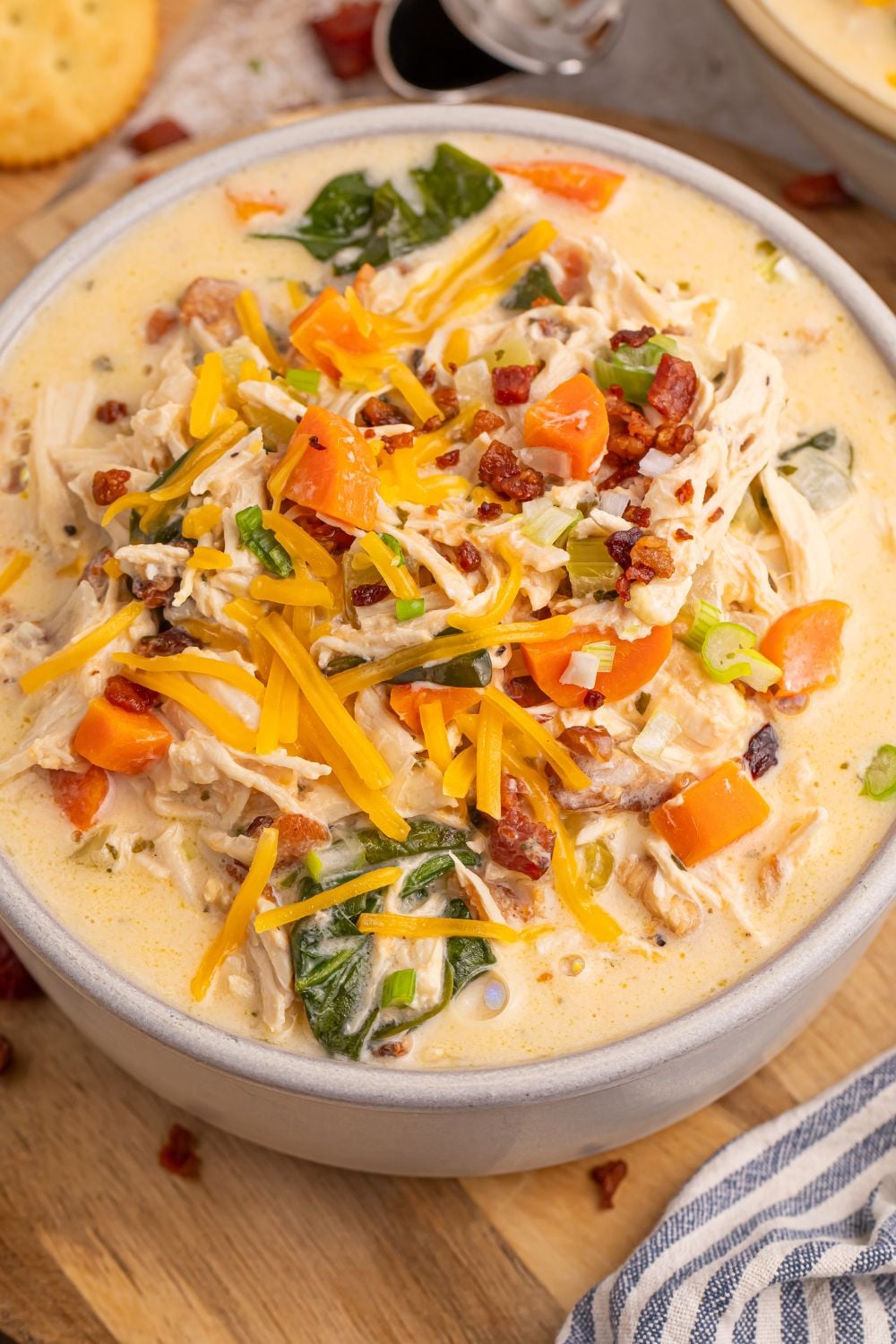 Crack Chicken Soup in a bowl with cheese and bacon topping