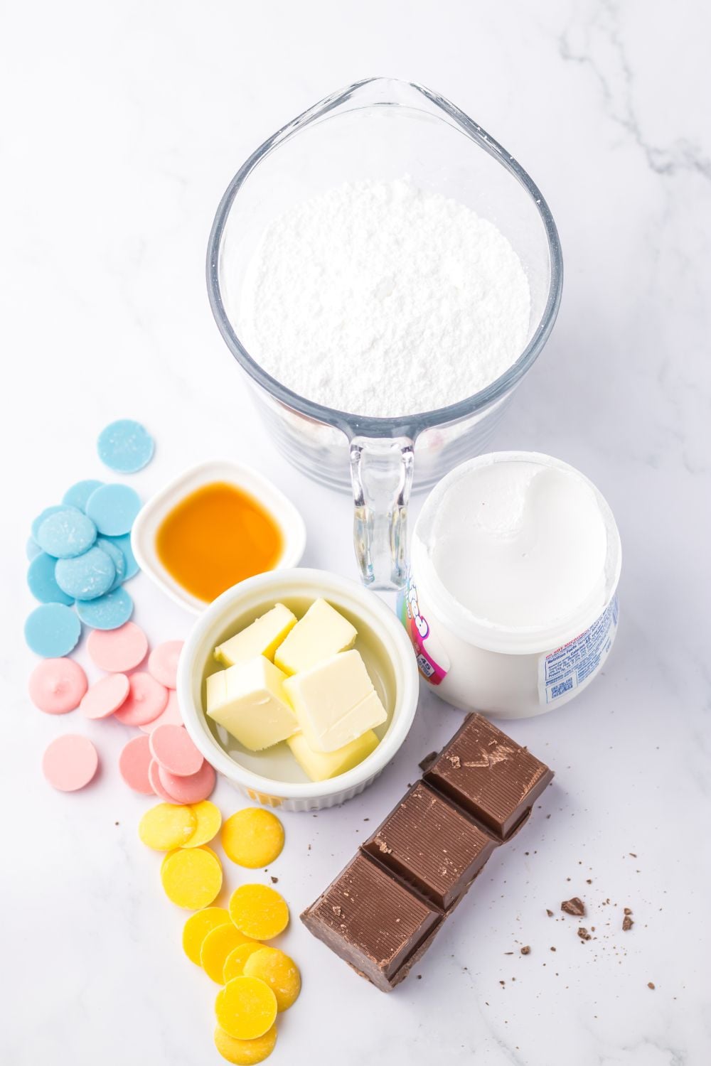 Easter Marshmallow Egg ingredients on marble table 