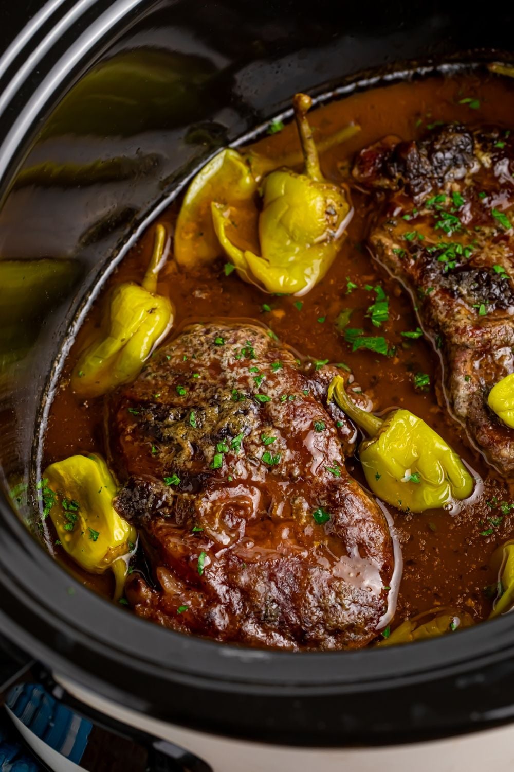 overhead look of Slow Cooker Mississippi Ribeye Steaks