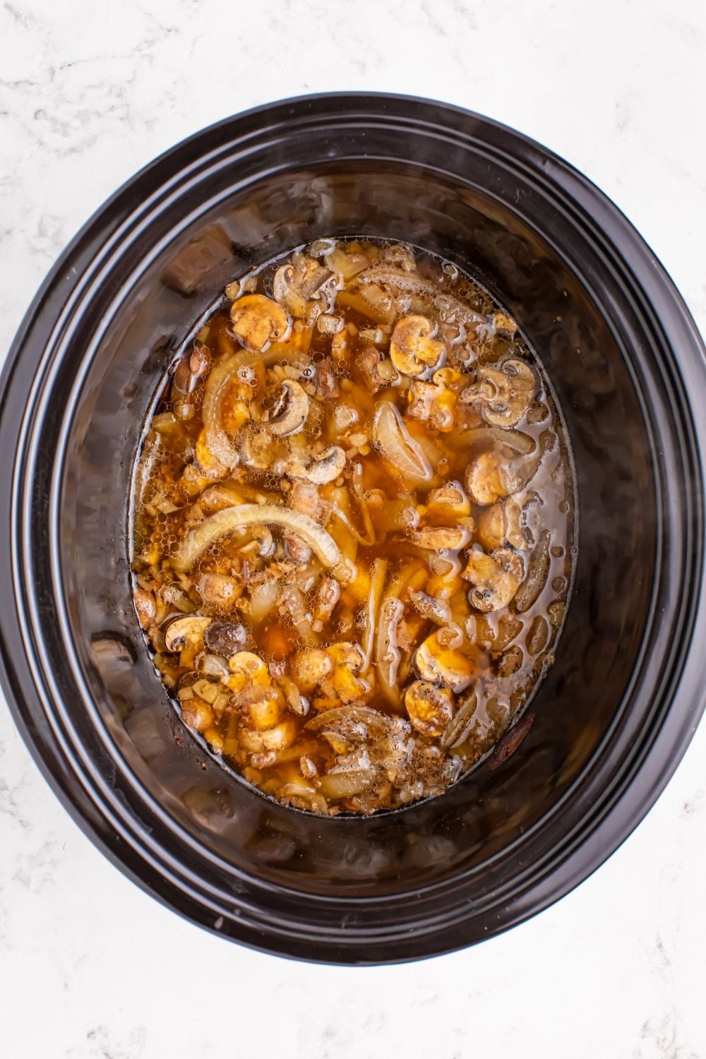 overhead look of the Slow Cooker Round Steak and Gravy on the counter