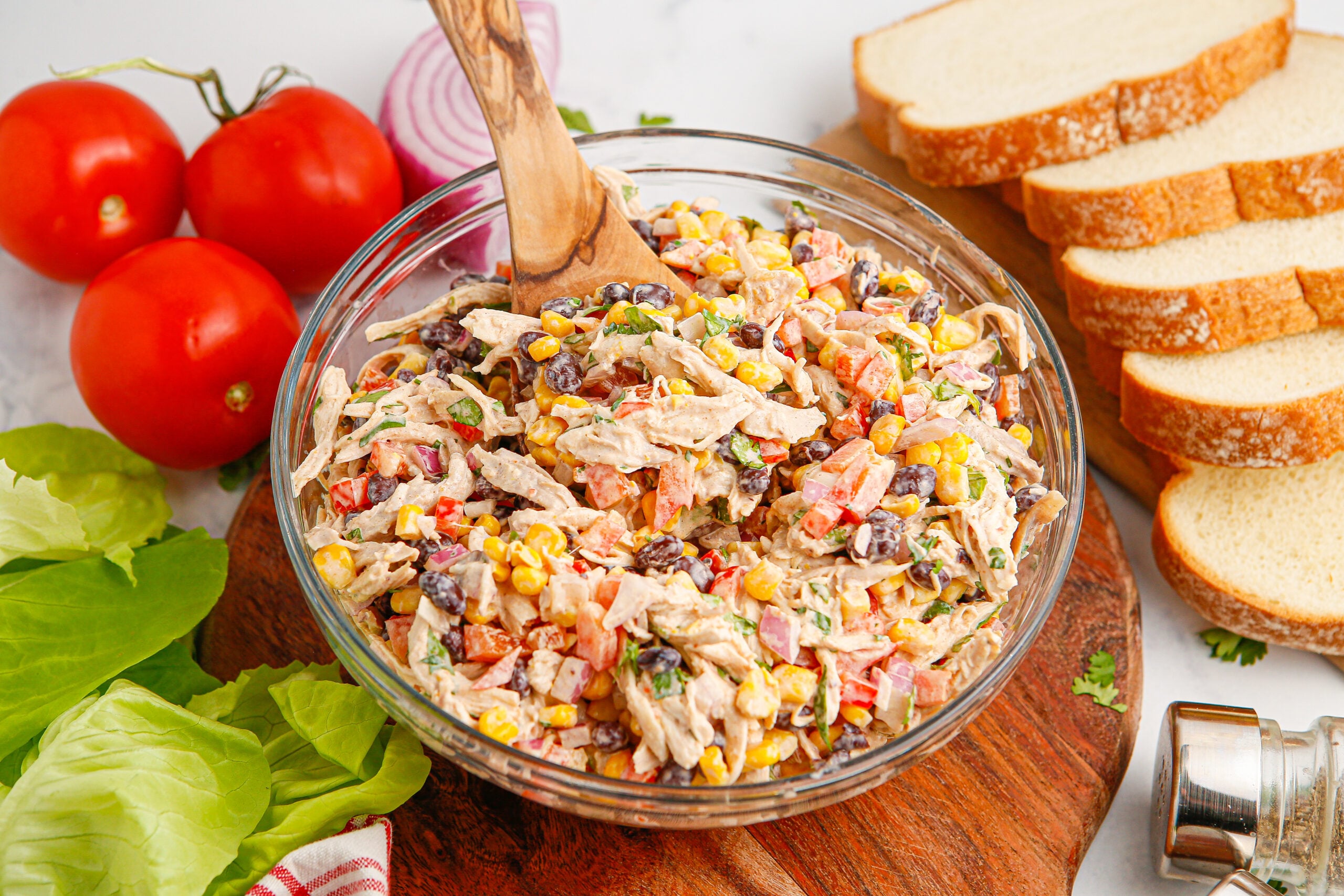 Southwest Chicken Salad in a bowl on a wooden table