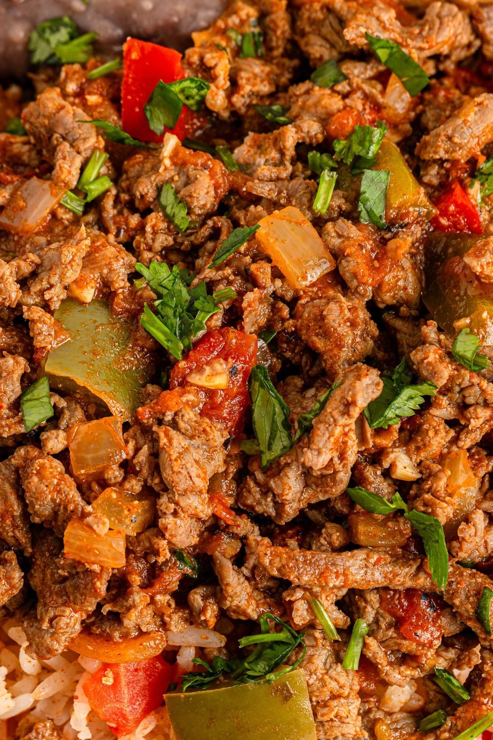 Carne Picada on a plate showcasing the meat and peppers