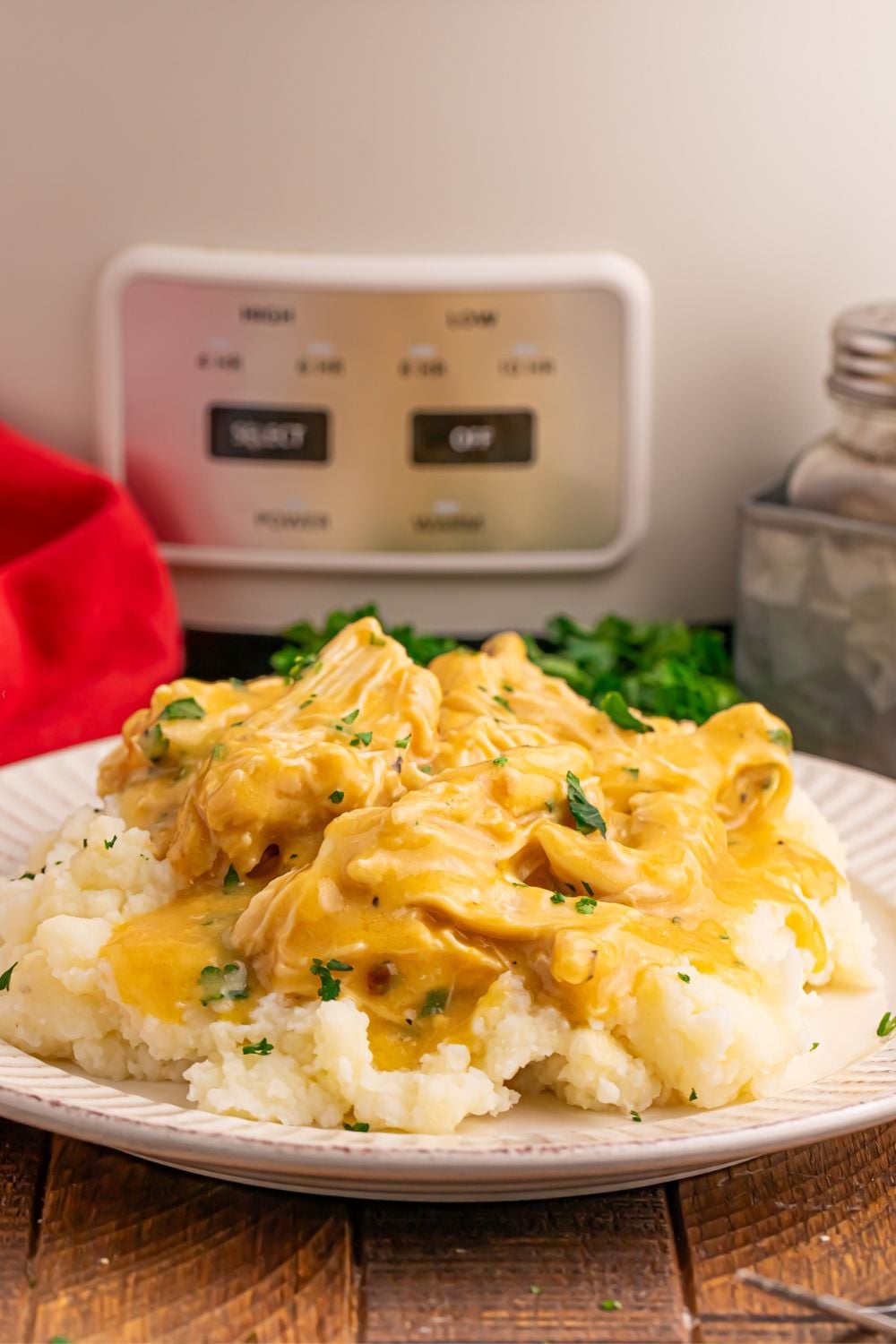 plate with chicken with gravy and mashed potatoes on plate and crockpot in the background 