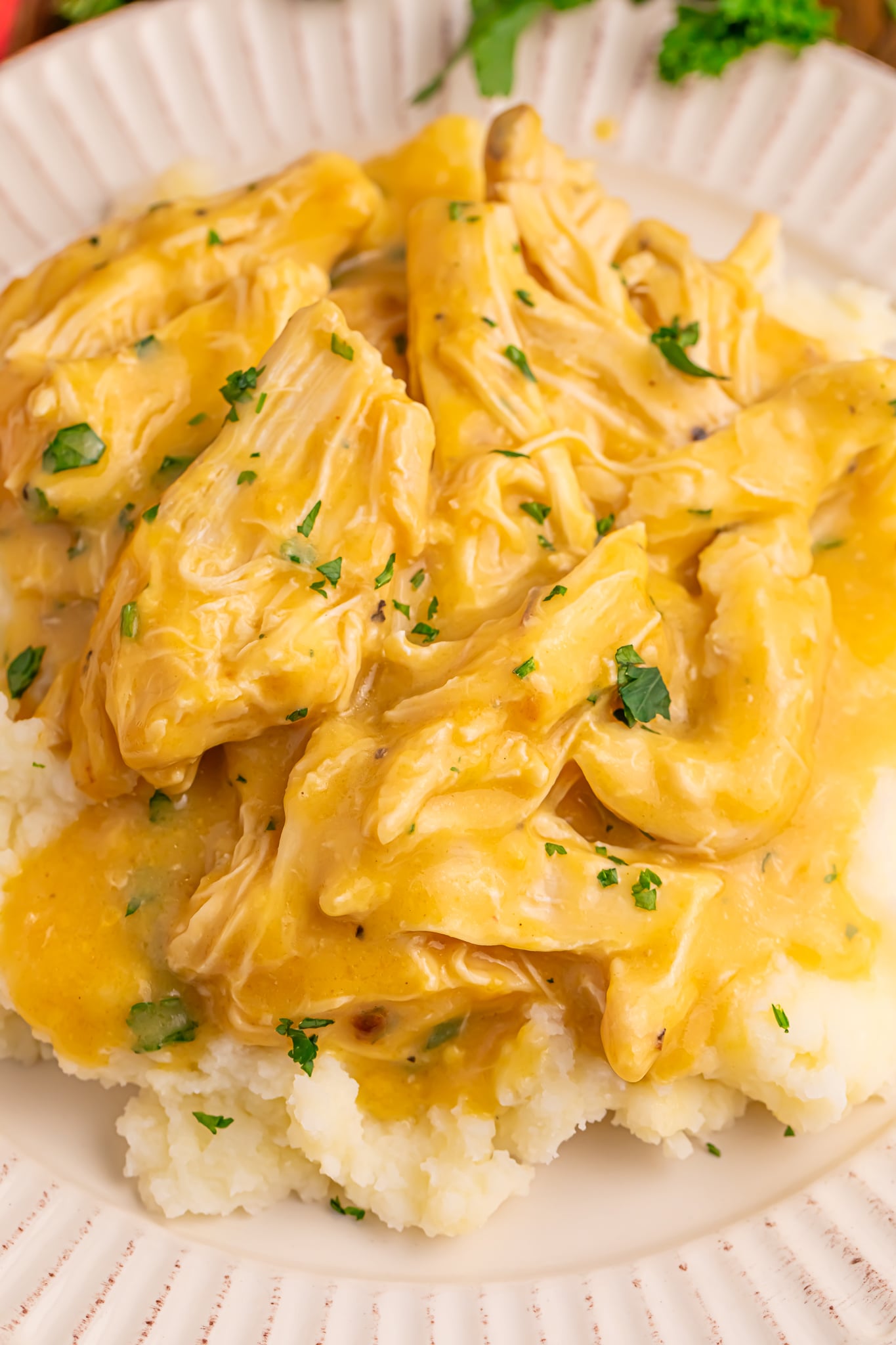 Crock Pot Chicken and Gravy on top of a bed of potatoes on a white plate 