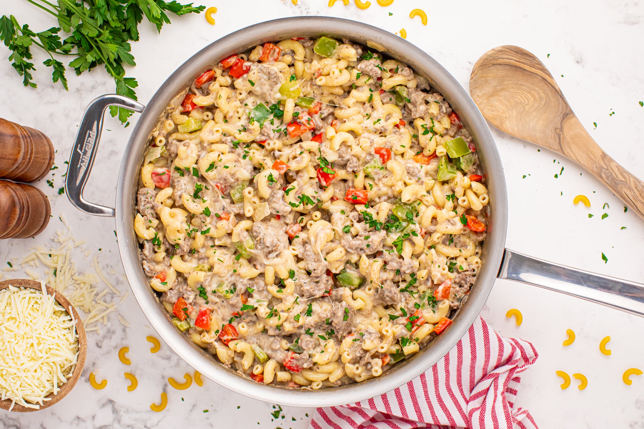 Philly Cheesesteak Pasta in a skillet on the table 