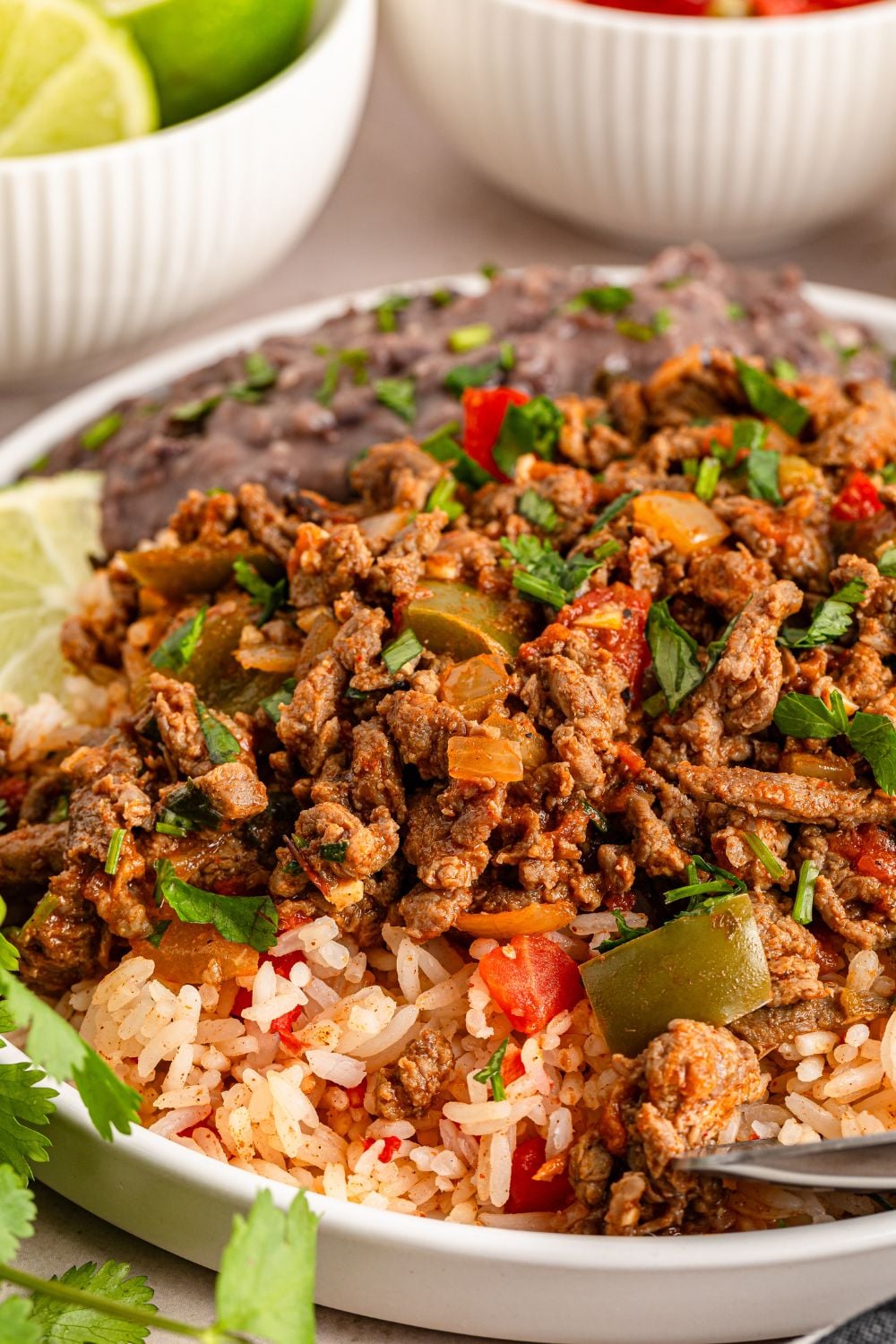 Carne Picada with rice under it, a lime wedge, and beans on a plate