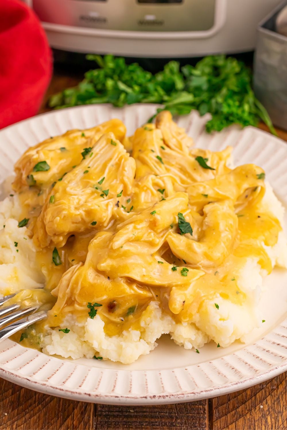 white plate on table with mashed potatoes and chicken and gravy on top with a crockpot in the background of picture