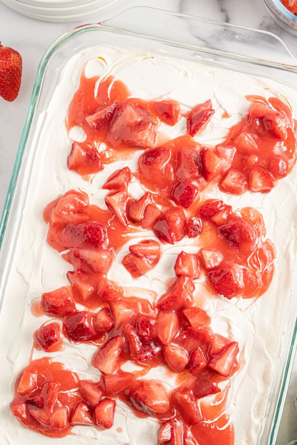 Strawberry Heaven On Earth Cake in a 9x13 pan on table