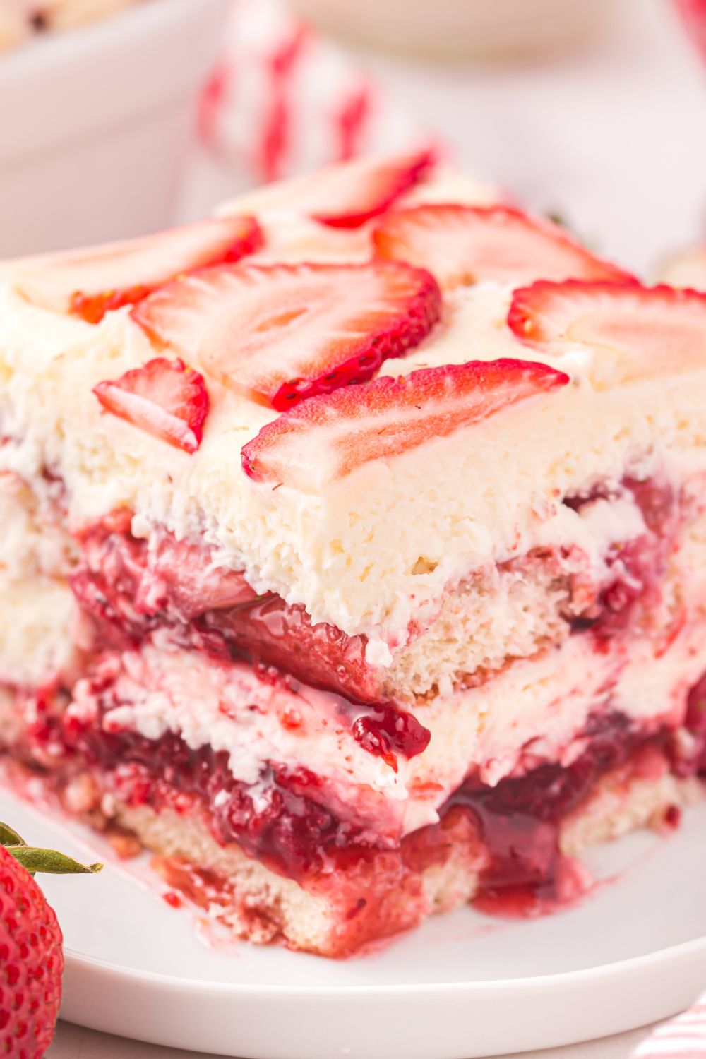 Strawberry Tiramisu sliced and on plate