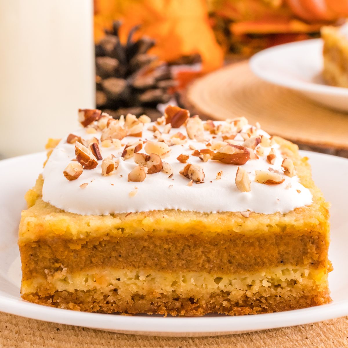 Pumpkin Pie Cake on a plate with whipped cream and nuts 