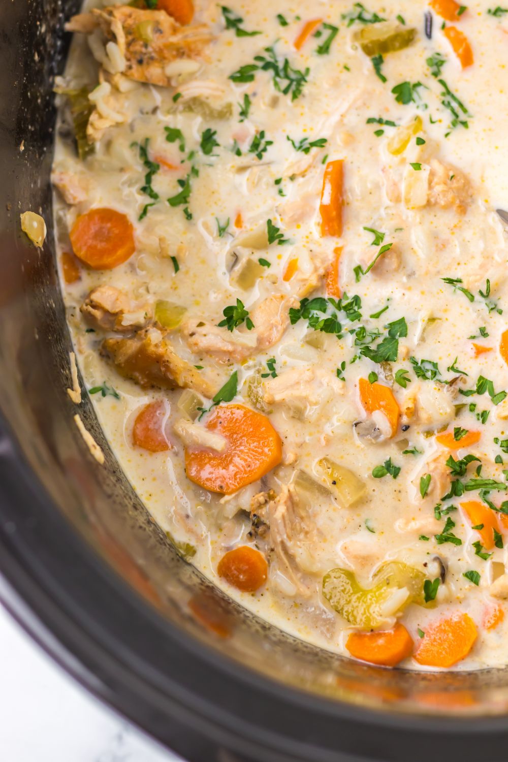 side view of slow cooker full of a turkey soup