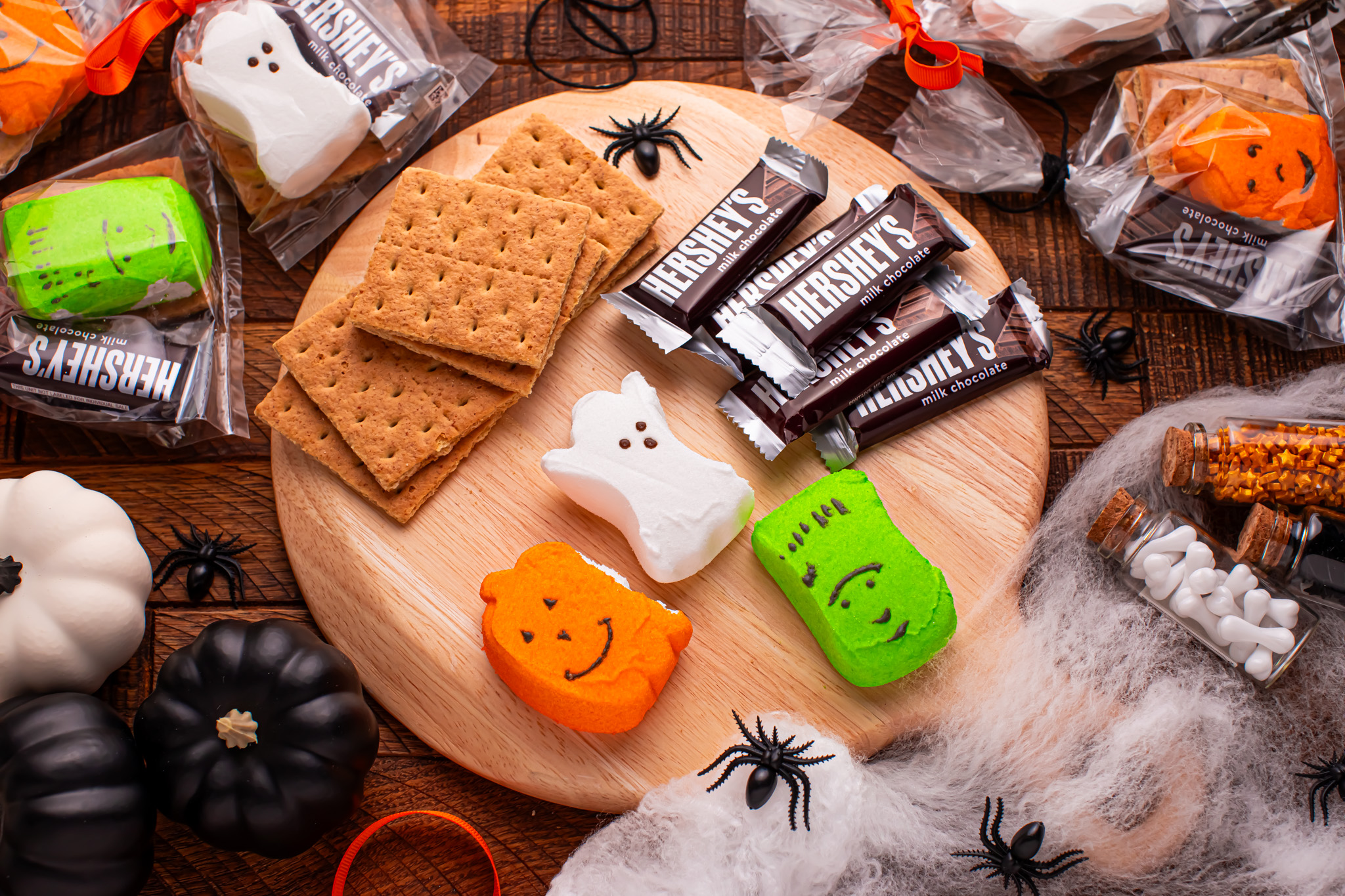 smores gift bag assembly ingredients on a table 