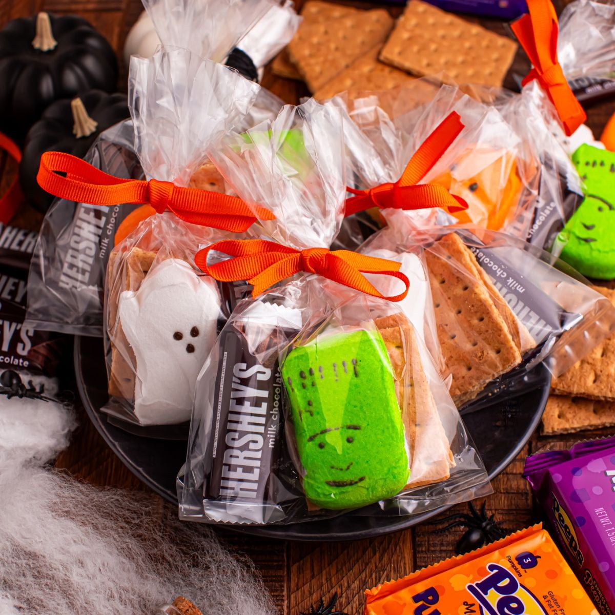 Halloween Smores Gift Bags in a Halloween bowl on table 