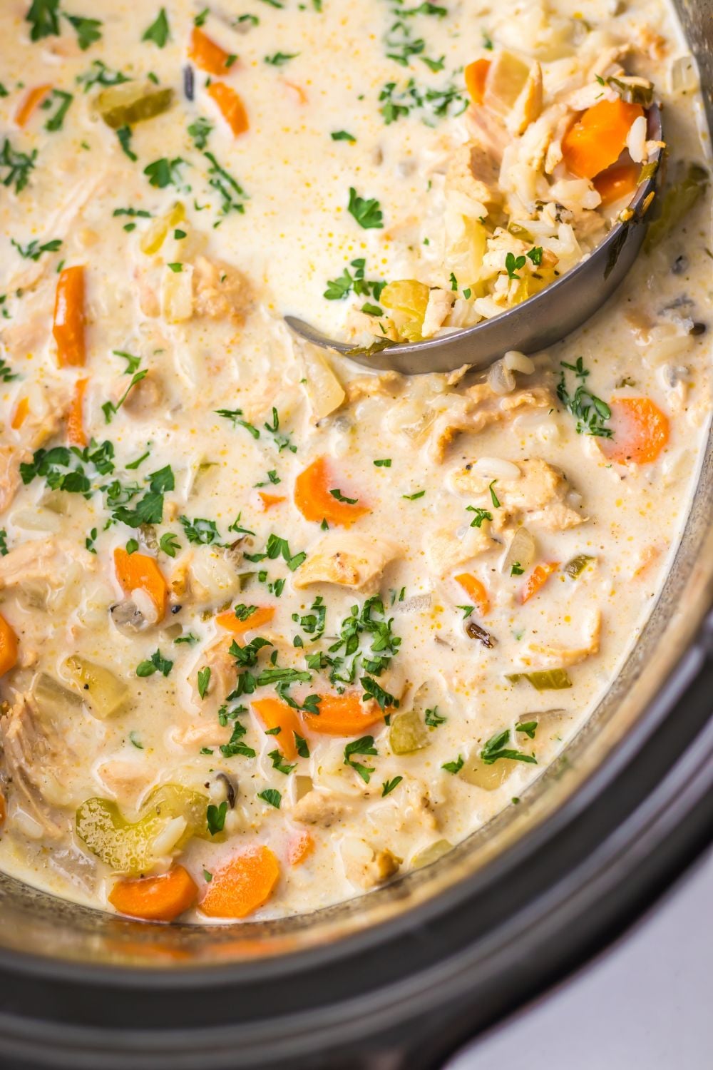 Turkey & Rice Soup in slow cooker with ladle in the slow cooker