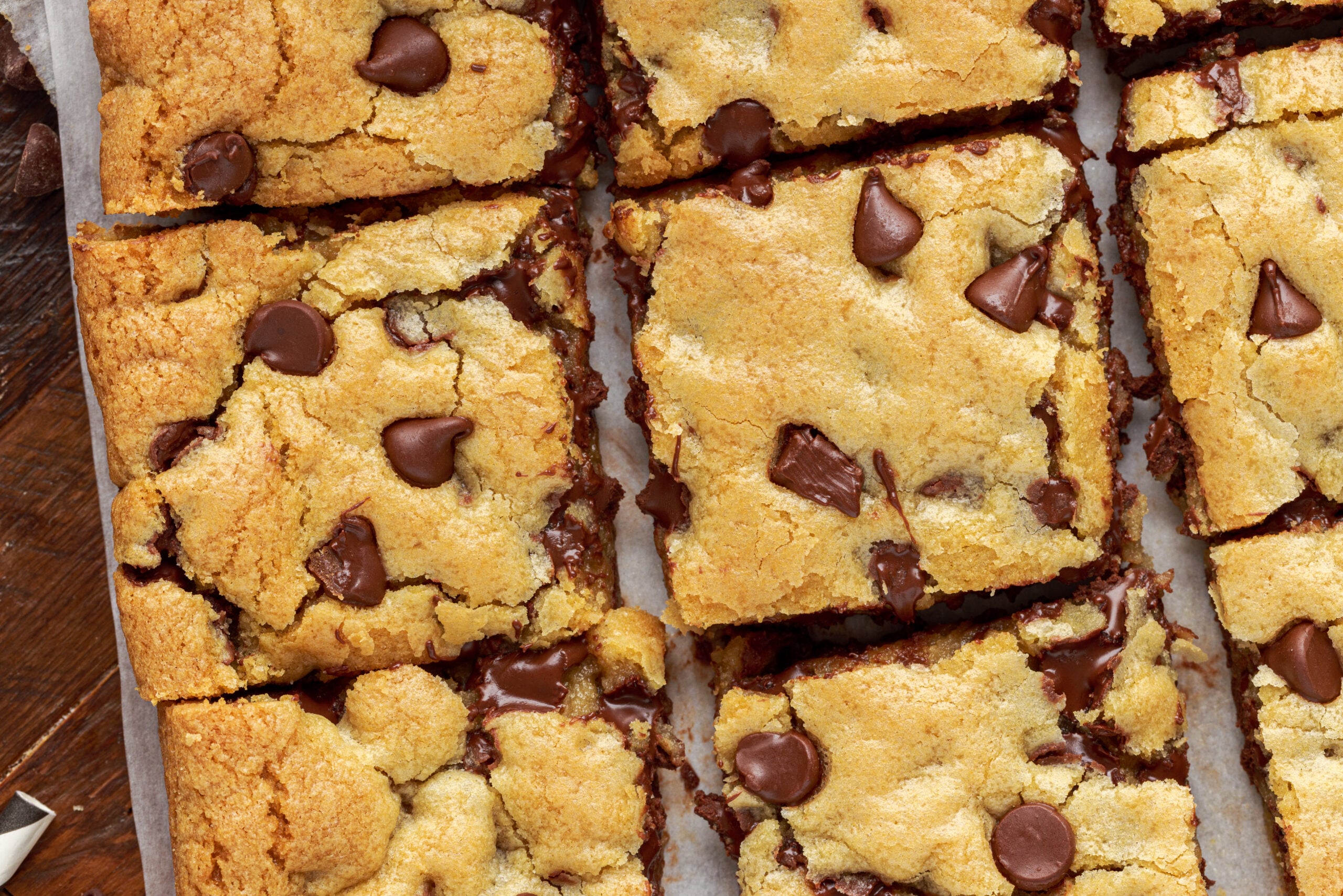 overhead shot of the chocolate chip cookie bars 