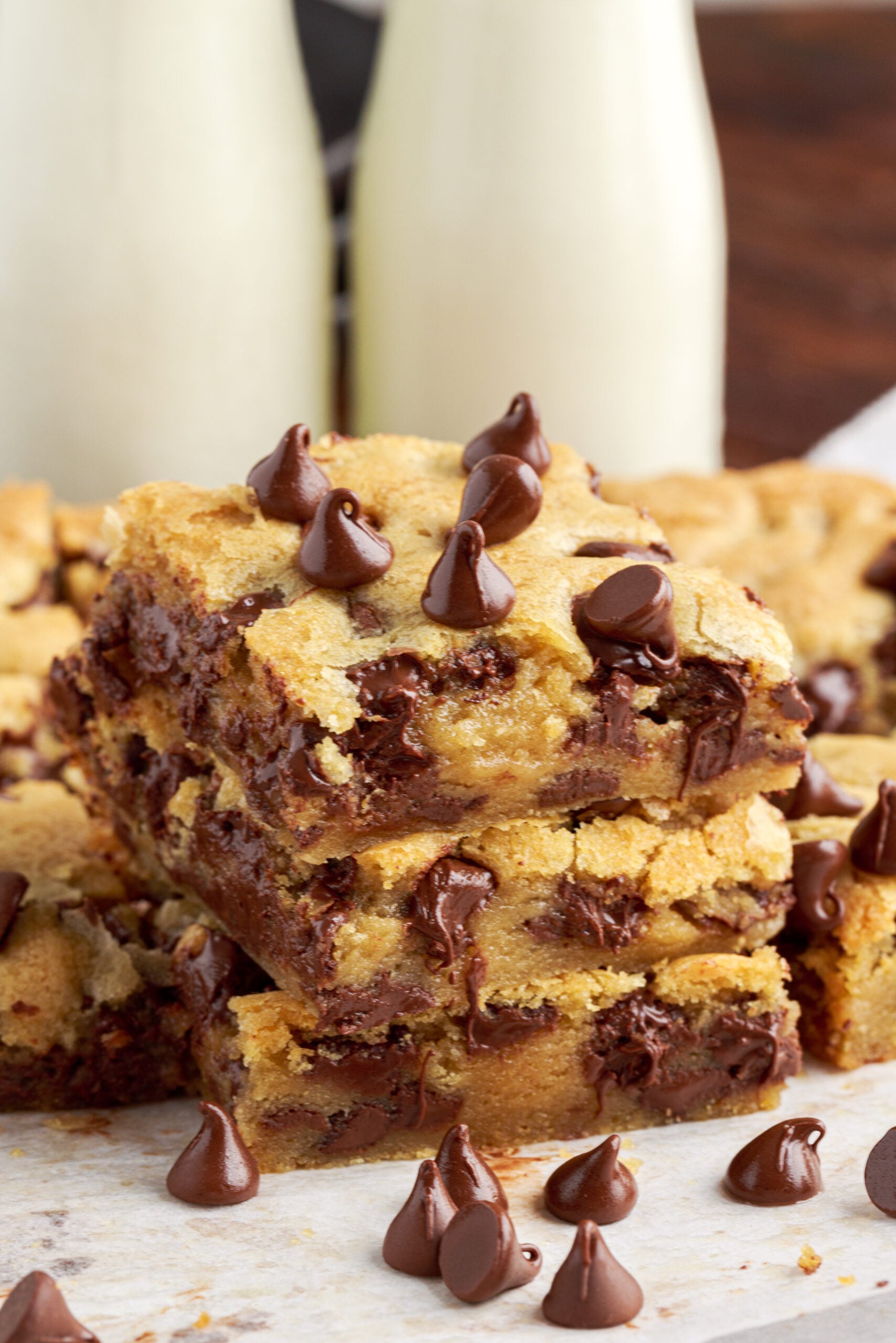 Gooey Chocolate Chip Cookie Bars up close 