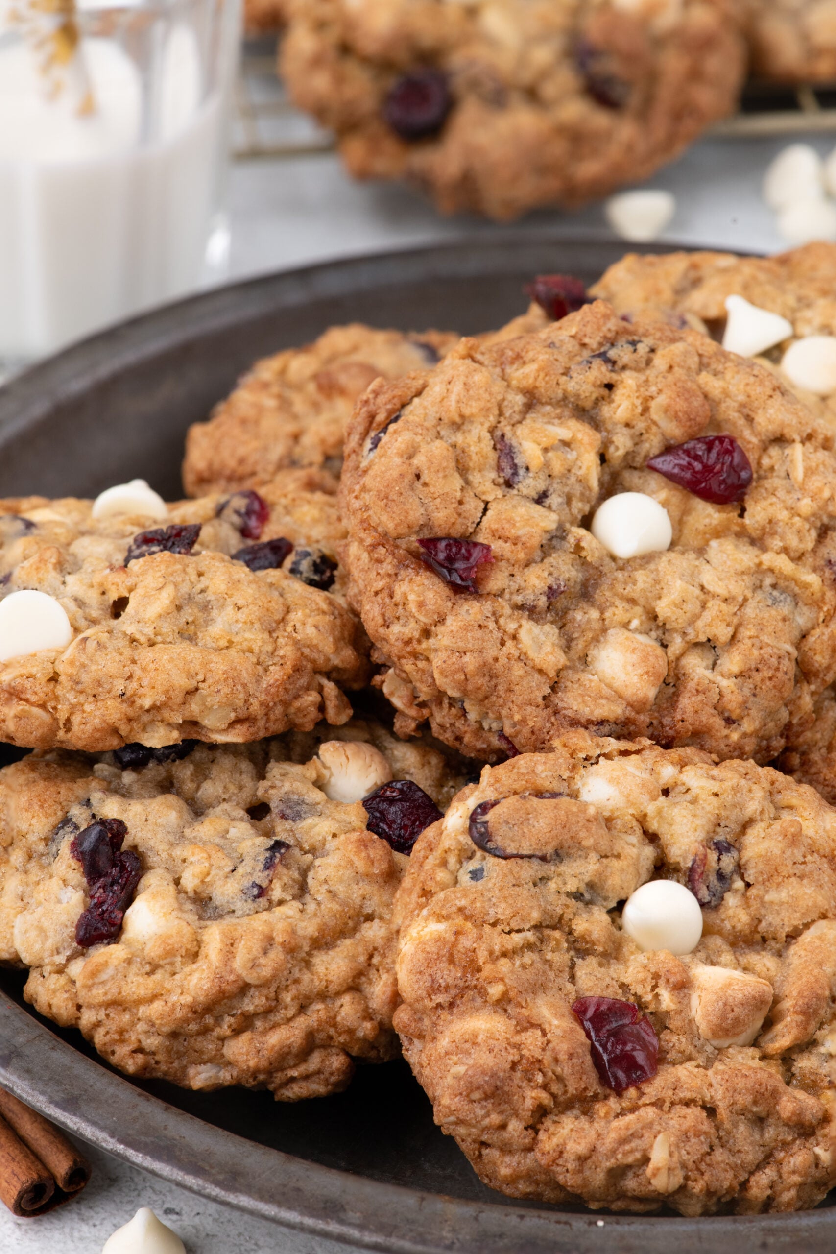 White Chocolate Cranberry Oatmeal Cookies piled on a plate
