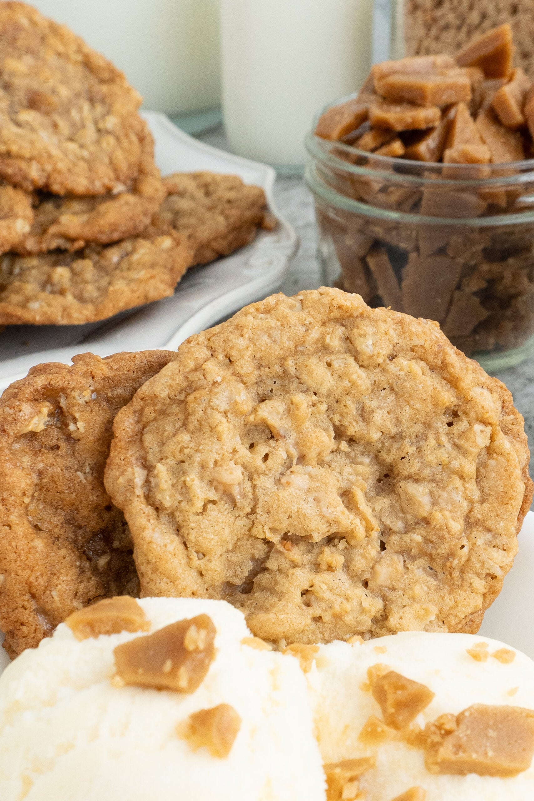 Oatmeal Toffee Cookies up close to show texture 