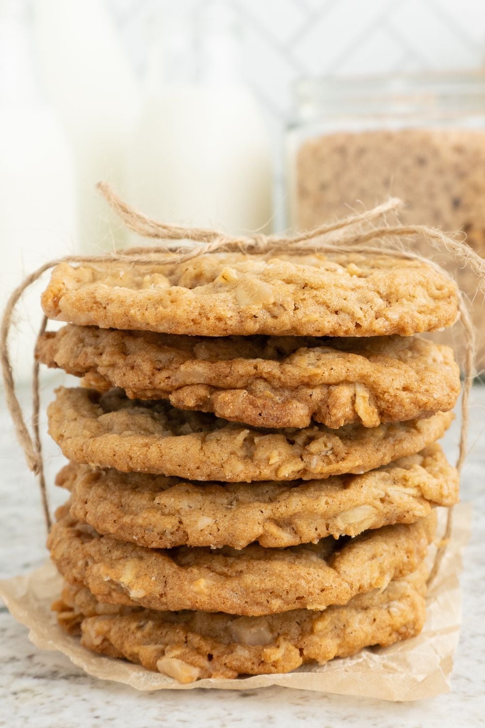 stack of Oatmeal Toffee Cookies wrapped in ribbon