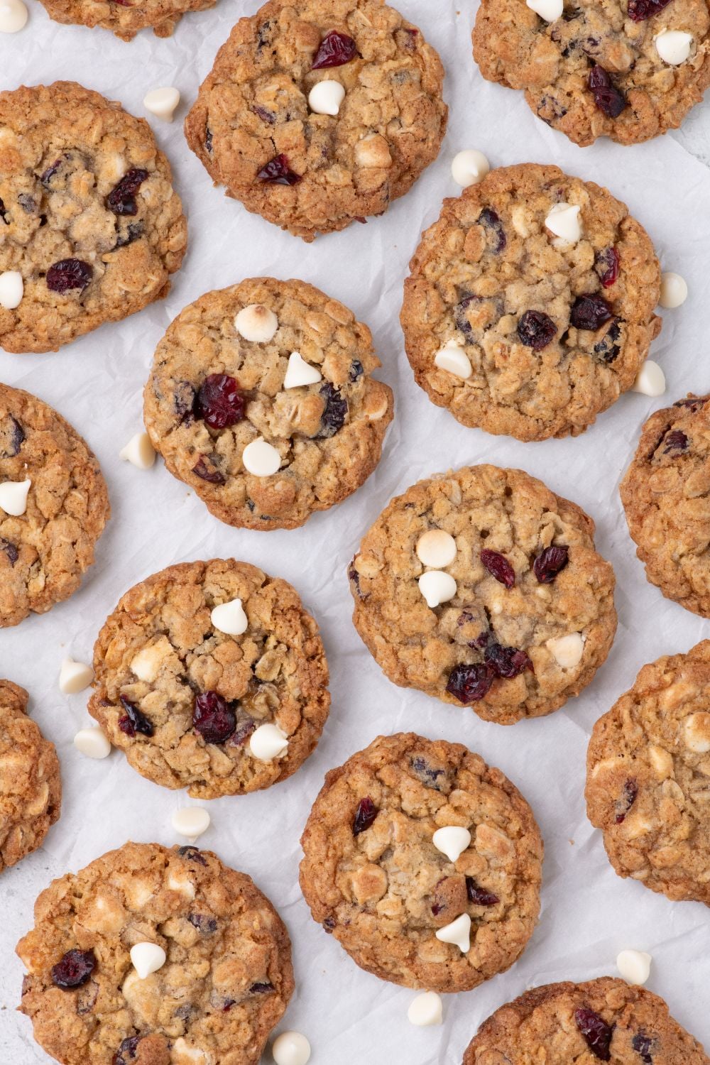 White Chocolate Cranberry Oatmeal Cookies placed spread out on counter