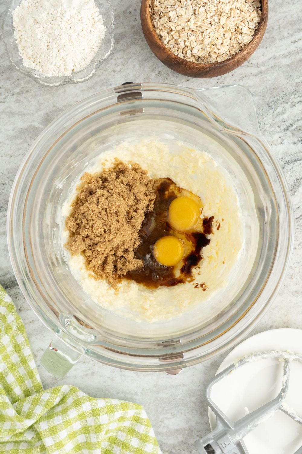 wet ingredients for the Oatmeal Toffee Cookies in a glass bowl 