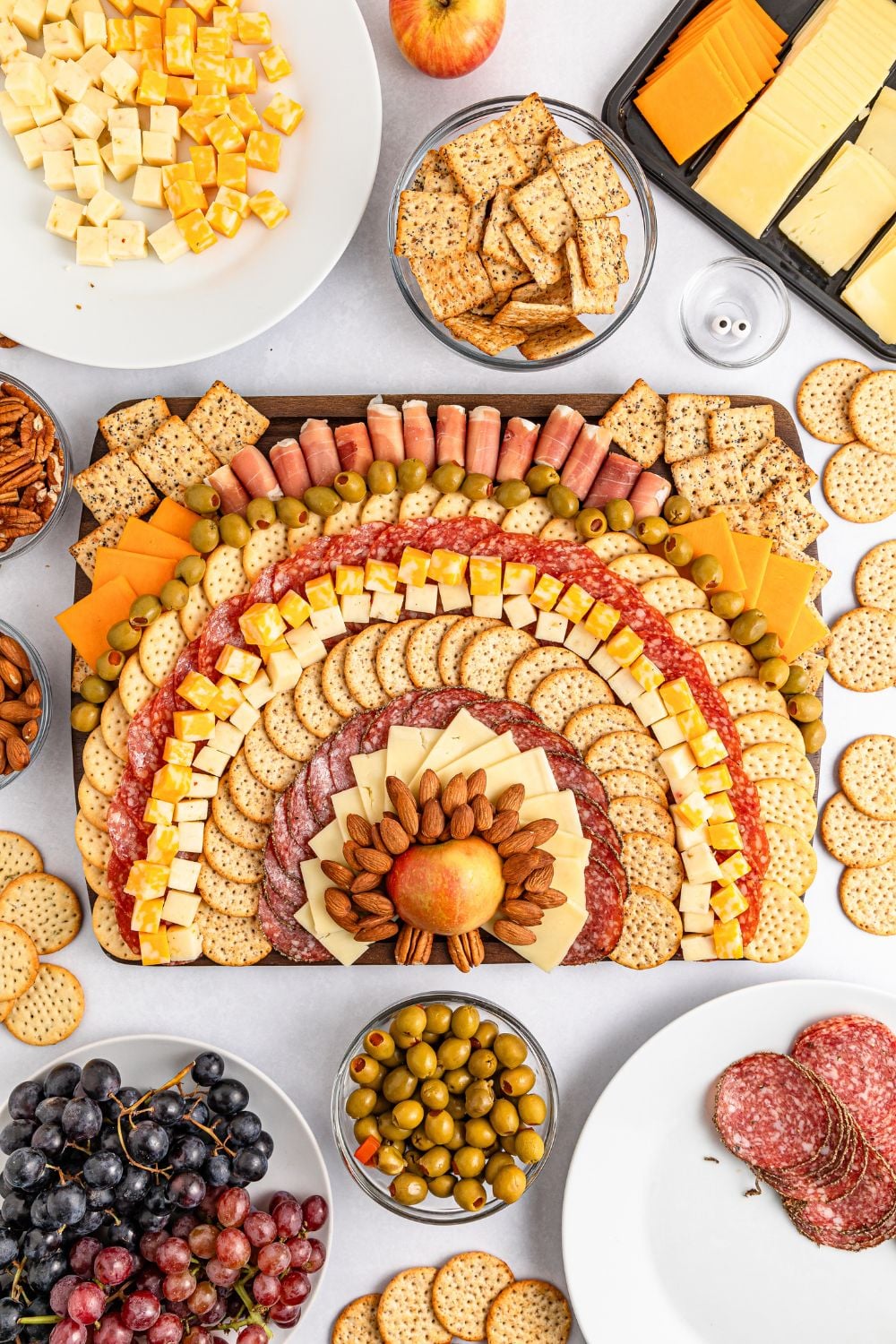 zoomed out look of the assembly of the Turkey Snack Board
